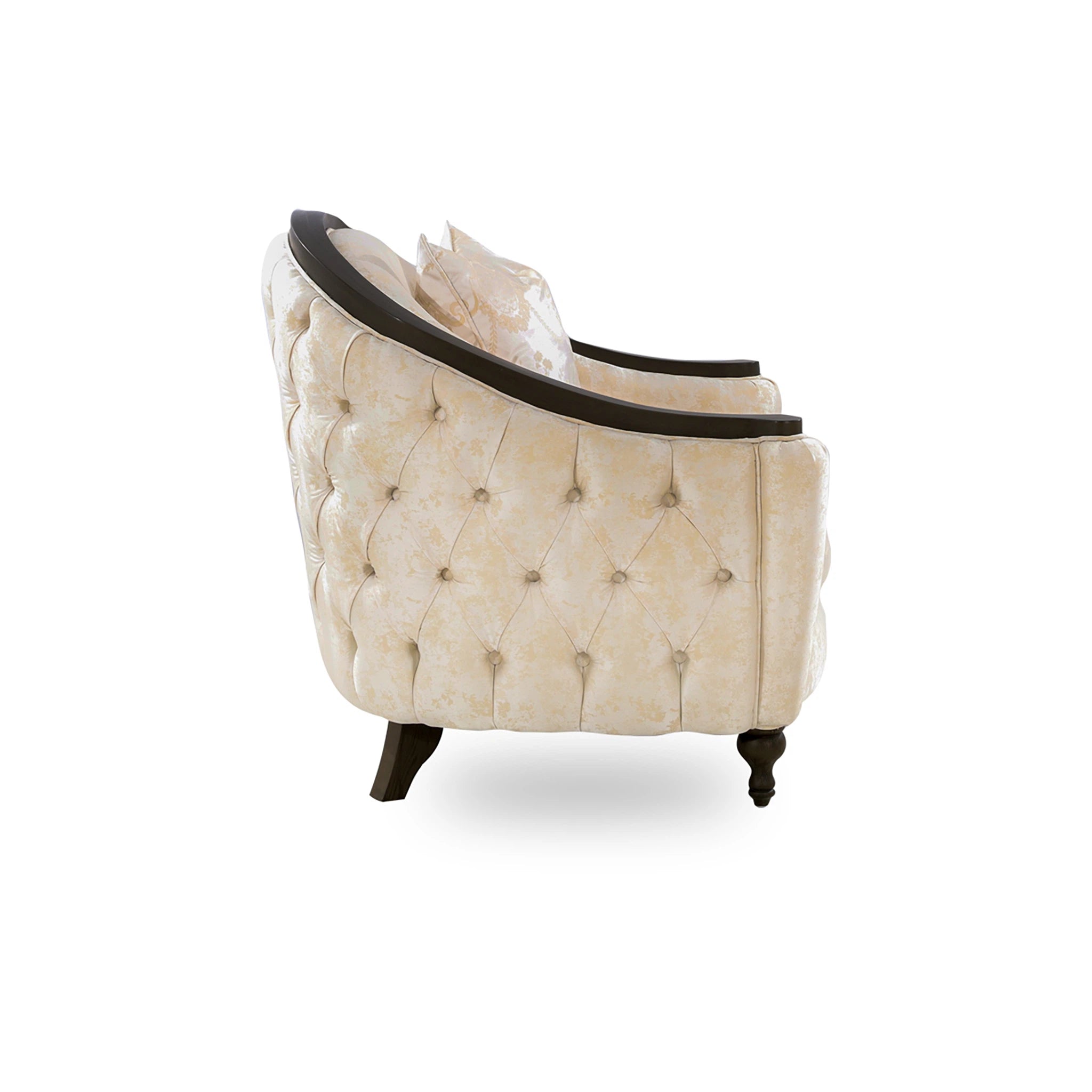 Beige armchair with tufted backrest on a white background