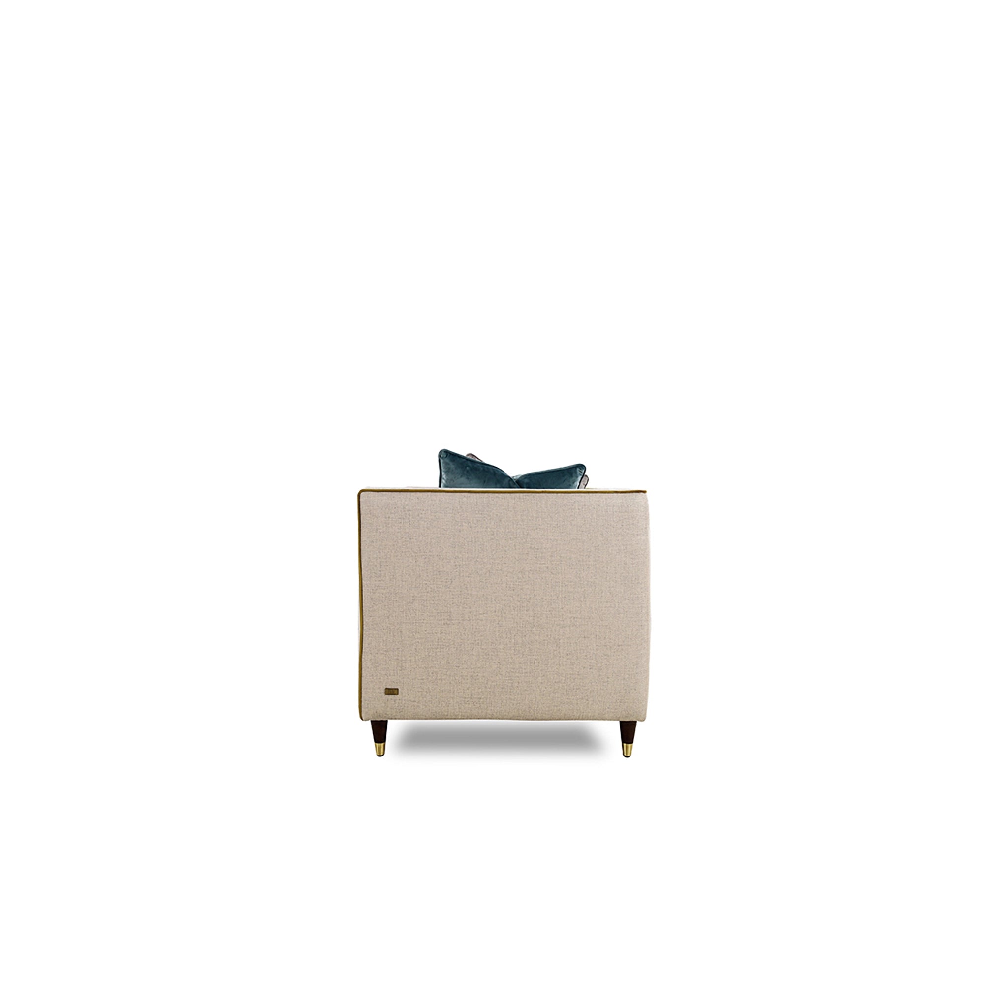 Beige armchair with a blue cushion on a white background
