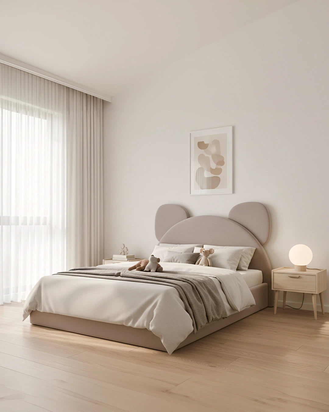 Neatly made bed with a modern headboard in a bright bedroom.