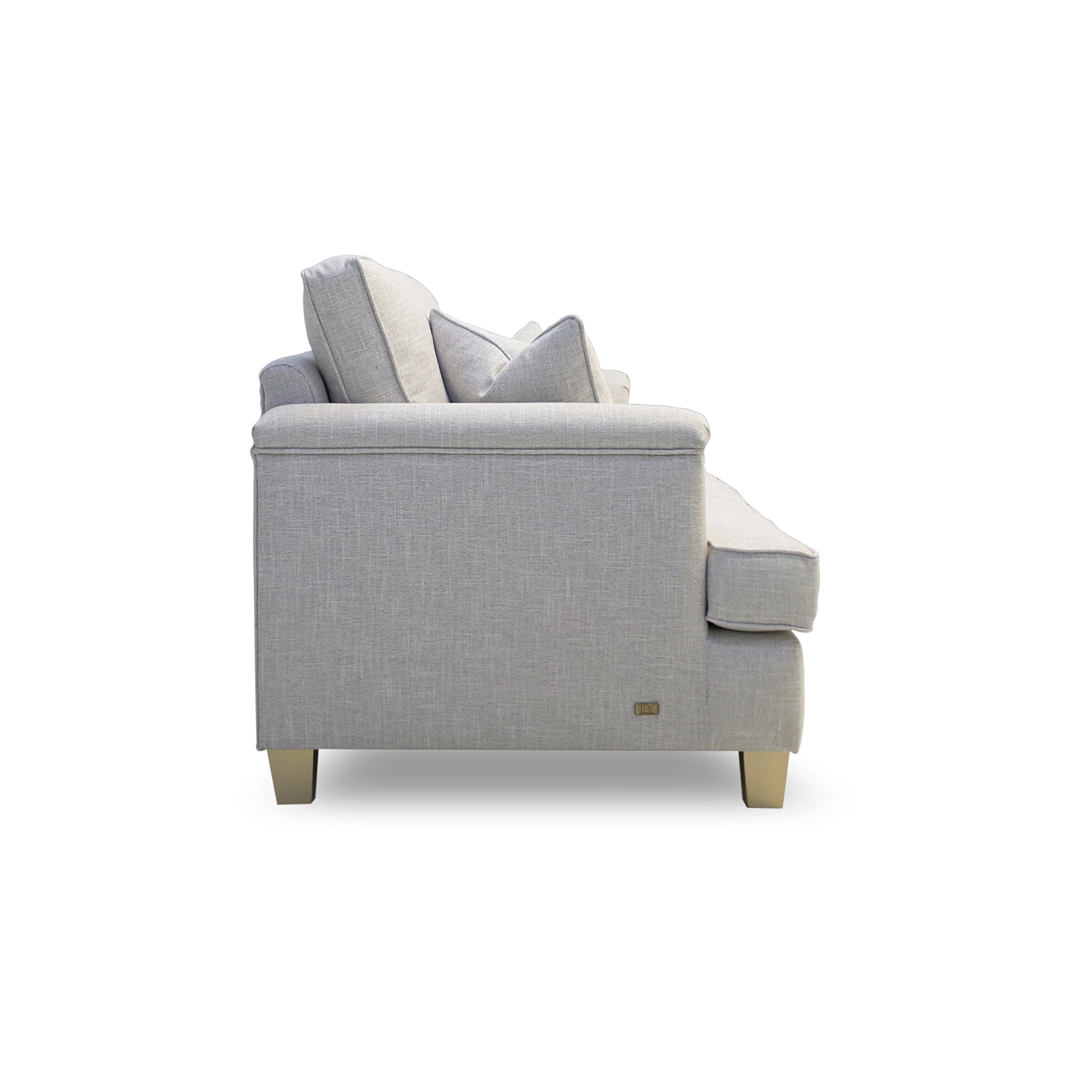 Gray sofa with beige cushions on a white background