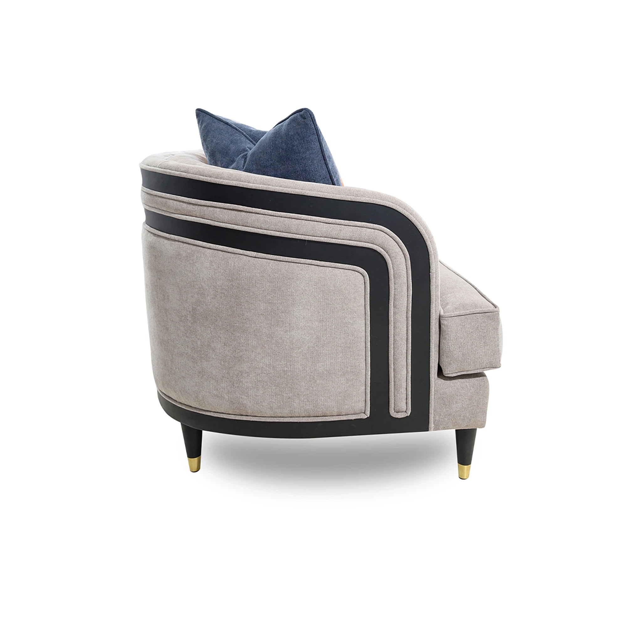 Gray armchair with black accents and a blue cushion on a white background
