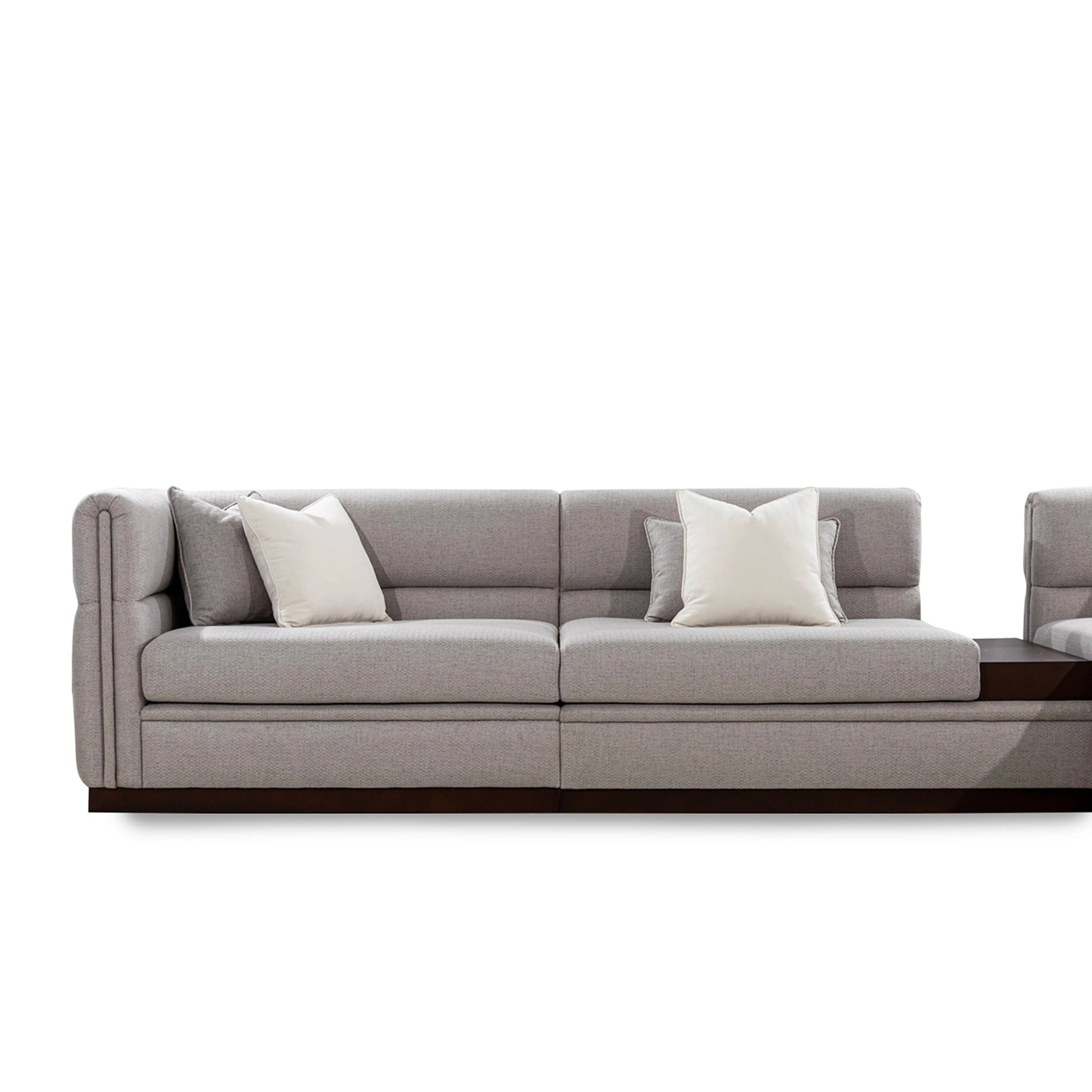 Gray sectional sofa with cushions on a white background