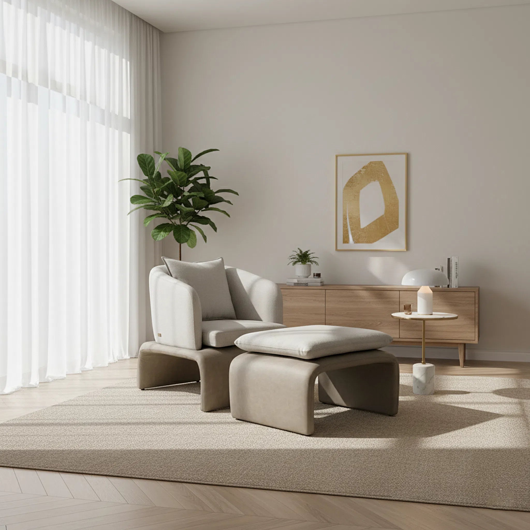 Modern living room with a beige armchair, ottoman, and wooden sideboard.