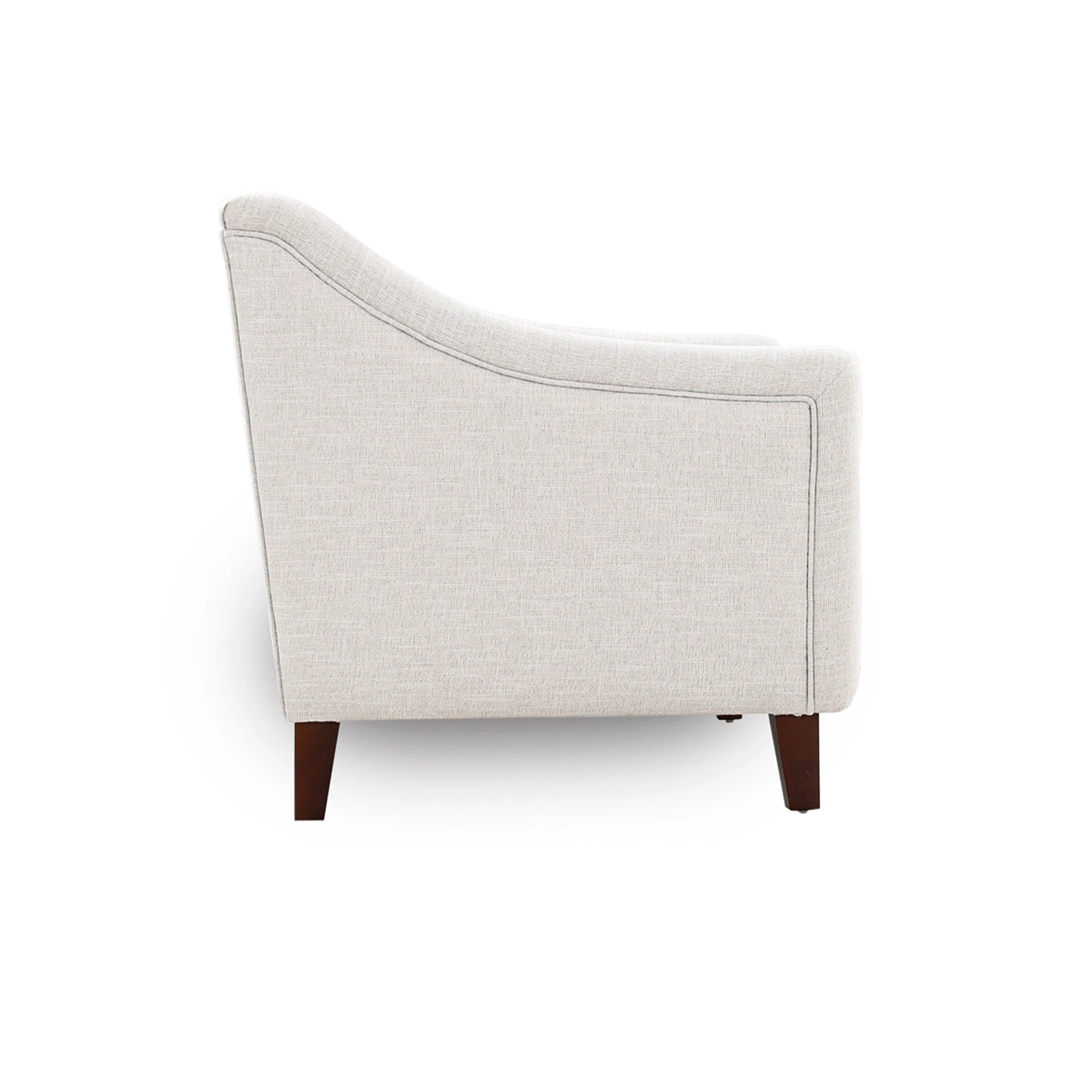 Light gray upholstered chair with wooden legs on a white background