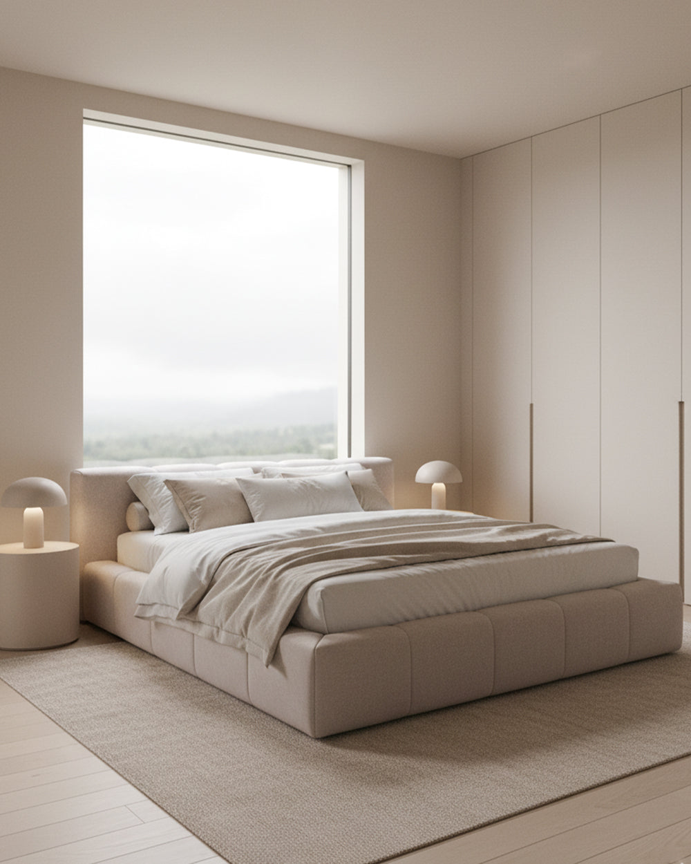 Modern bedroom with a large bed and large window