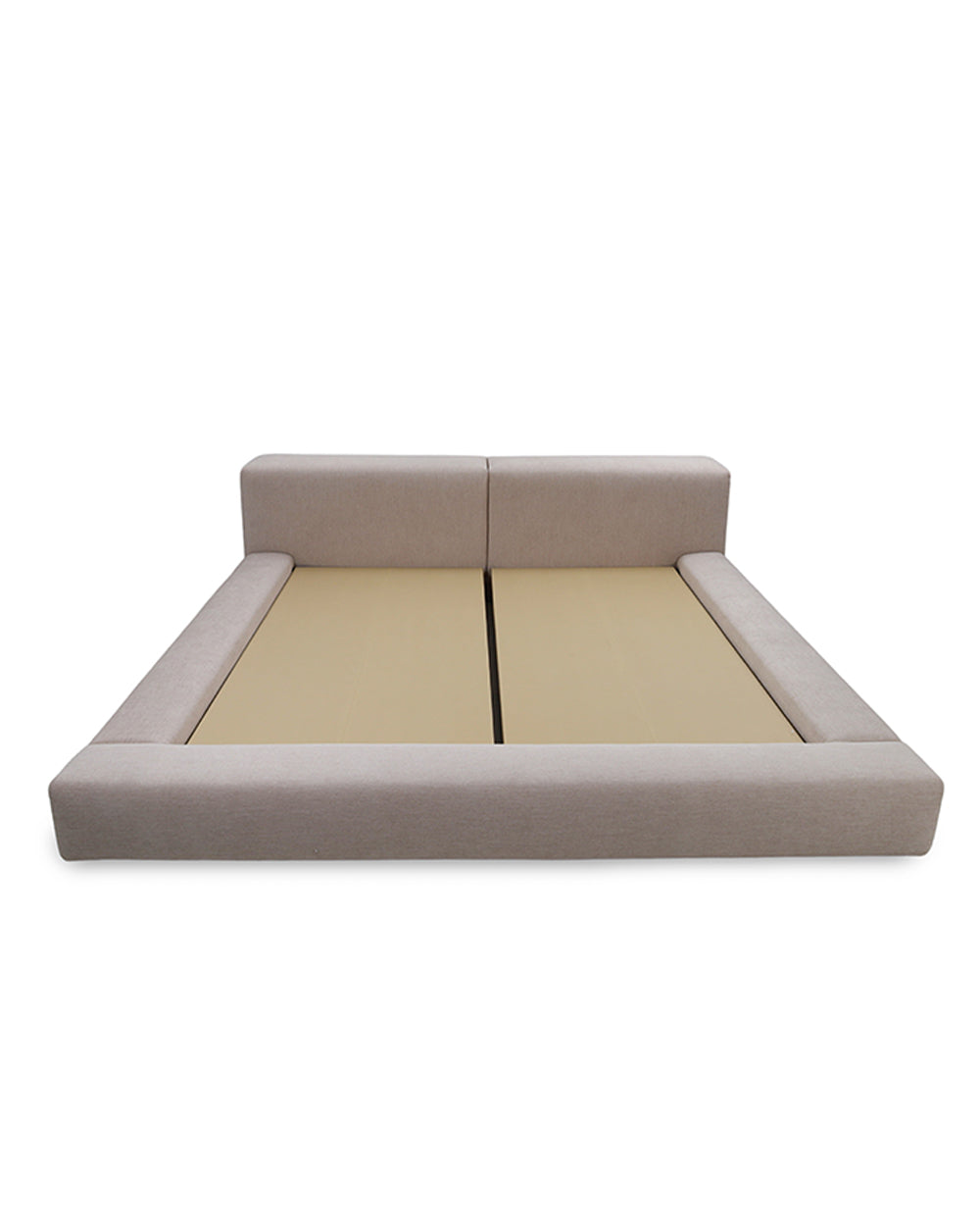 Beige bed frame with beige mattress on a white background