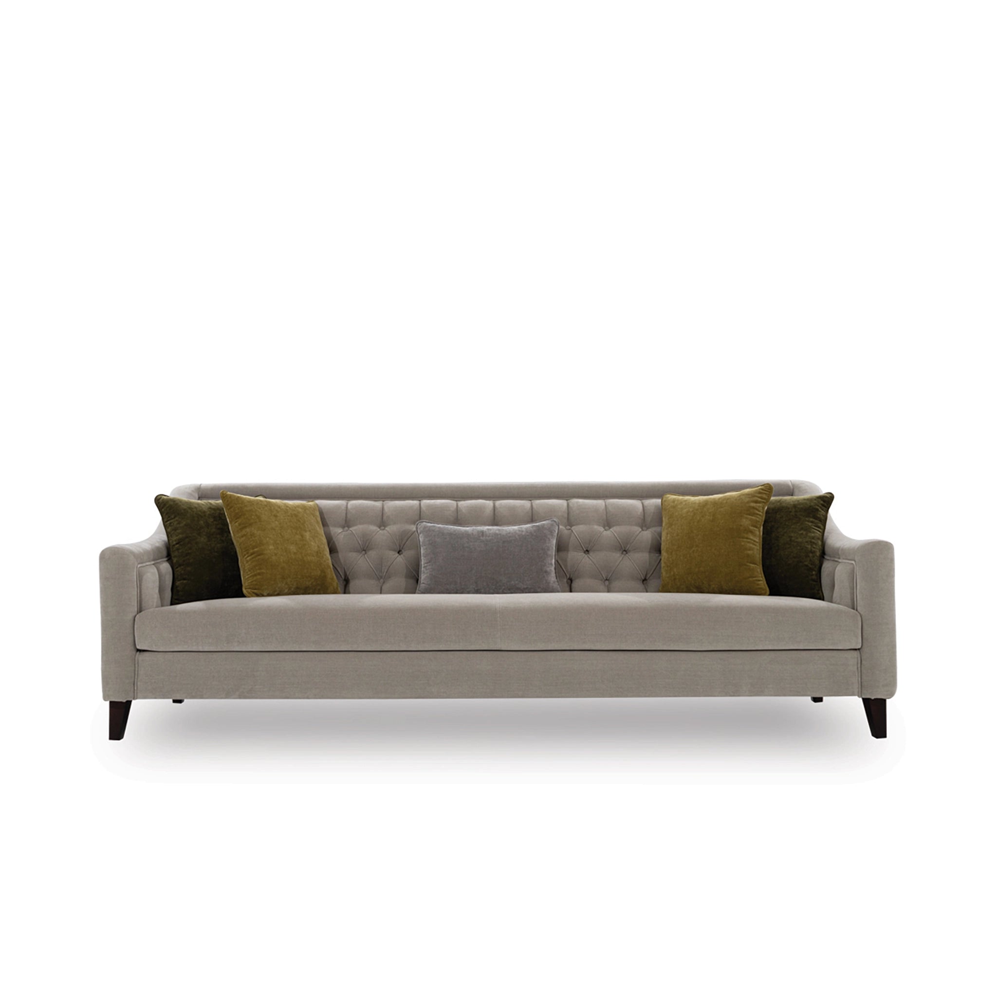 Gray sofa with green and gray pillows on a white background