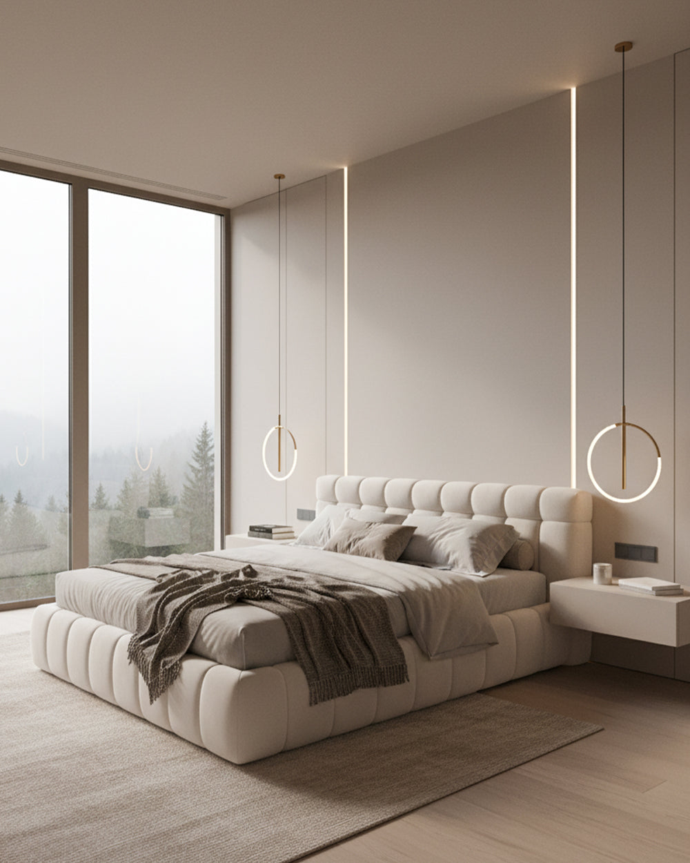 Modern bedroom with a large bed, neutral color scheme, and pendant lights.