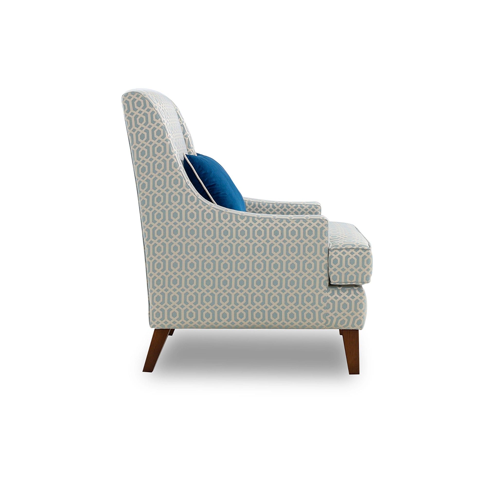 Patterned armchair with wooden legs on a white background