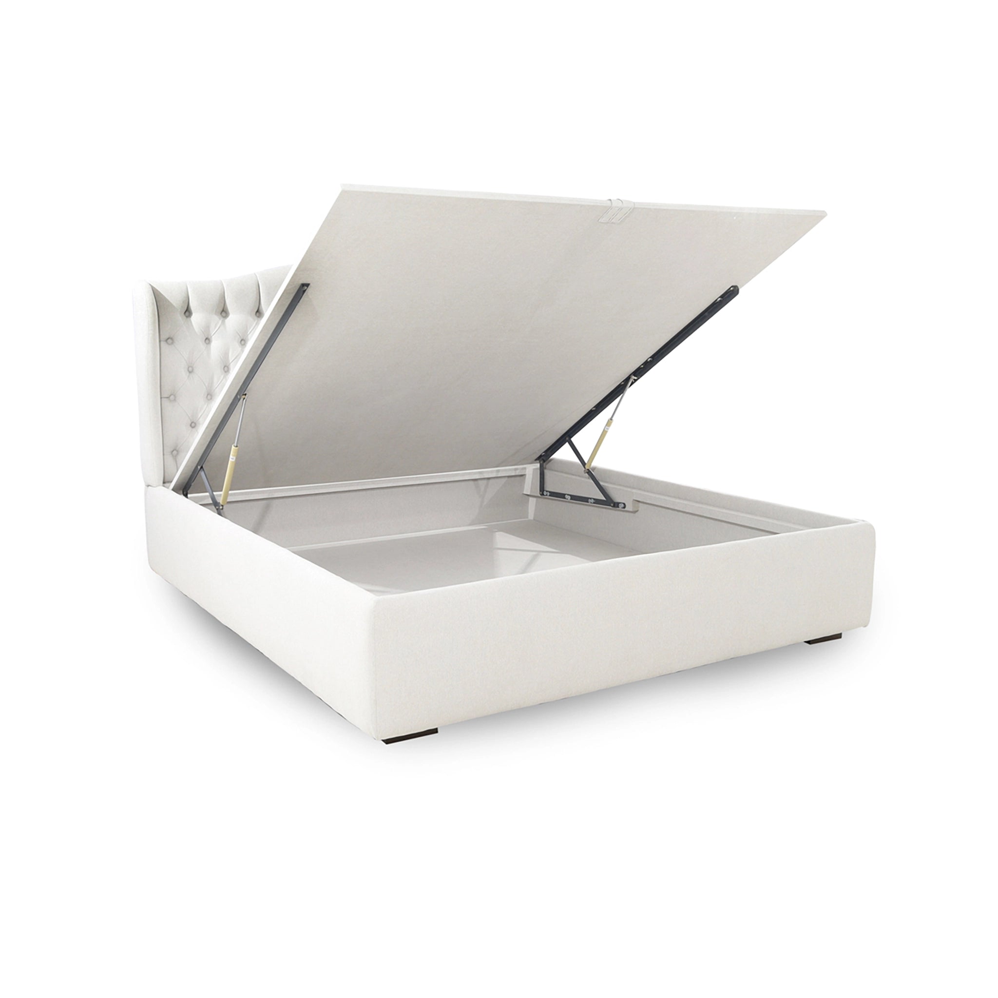 White bed with open headboard on a white background