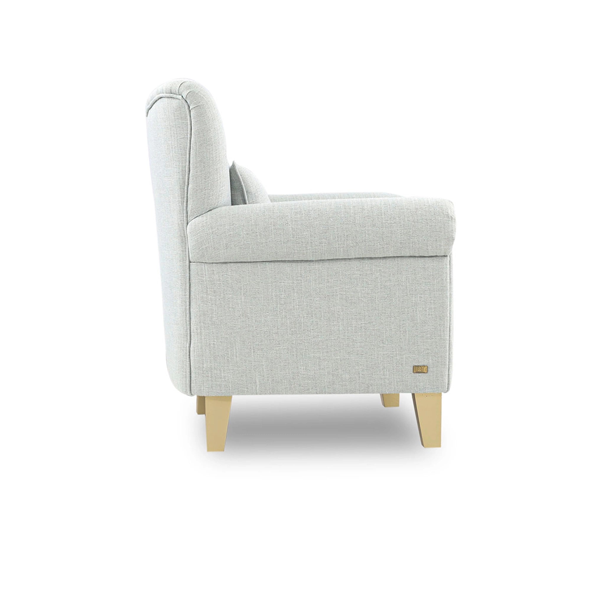 Light gray armchair with wooden legs on a white background