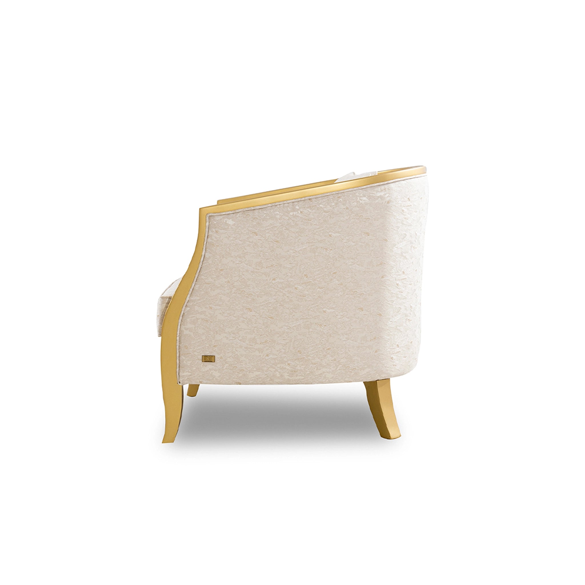 Beige armchair with gold frame on a white background