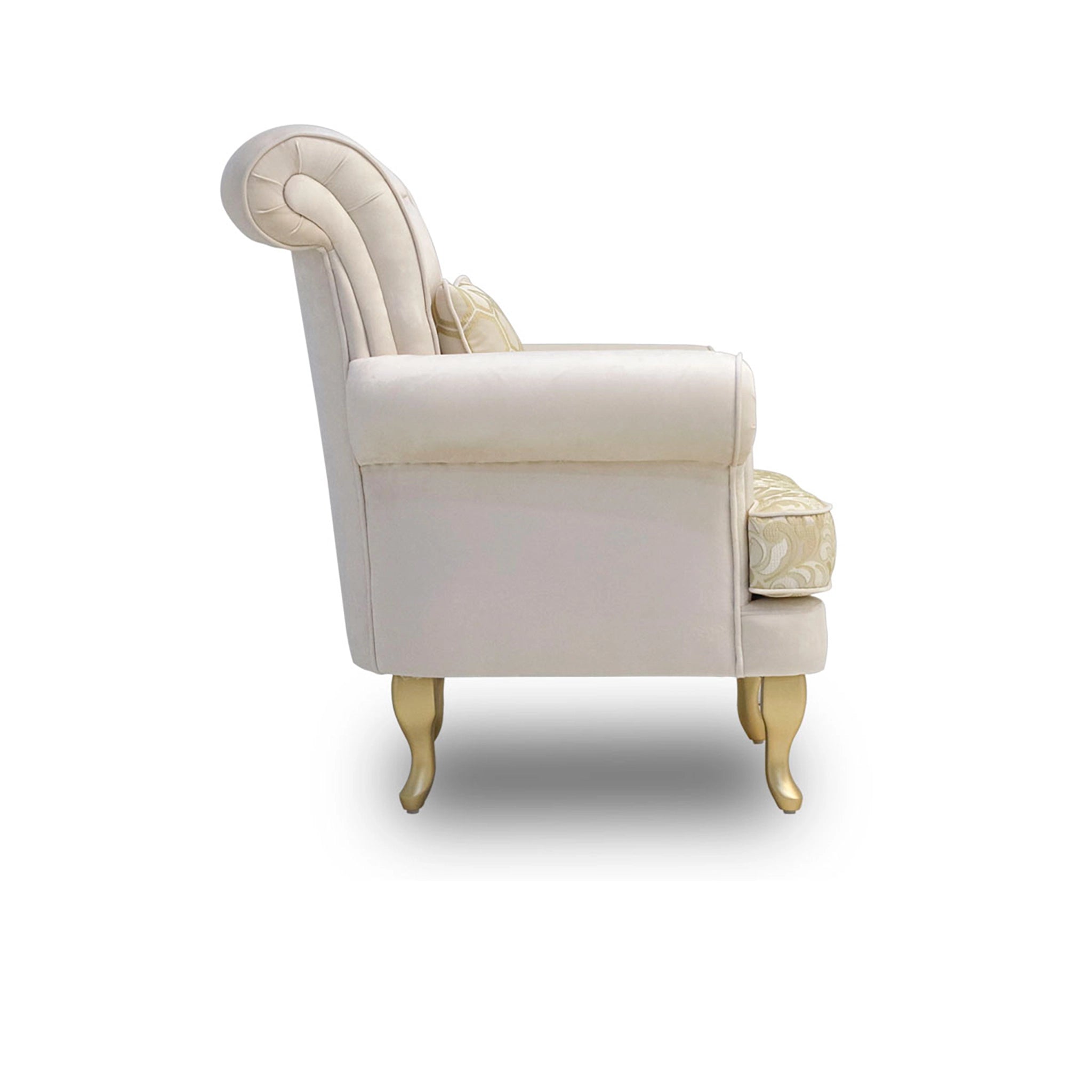 White armchair with gold accents on a white background