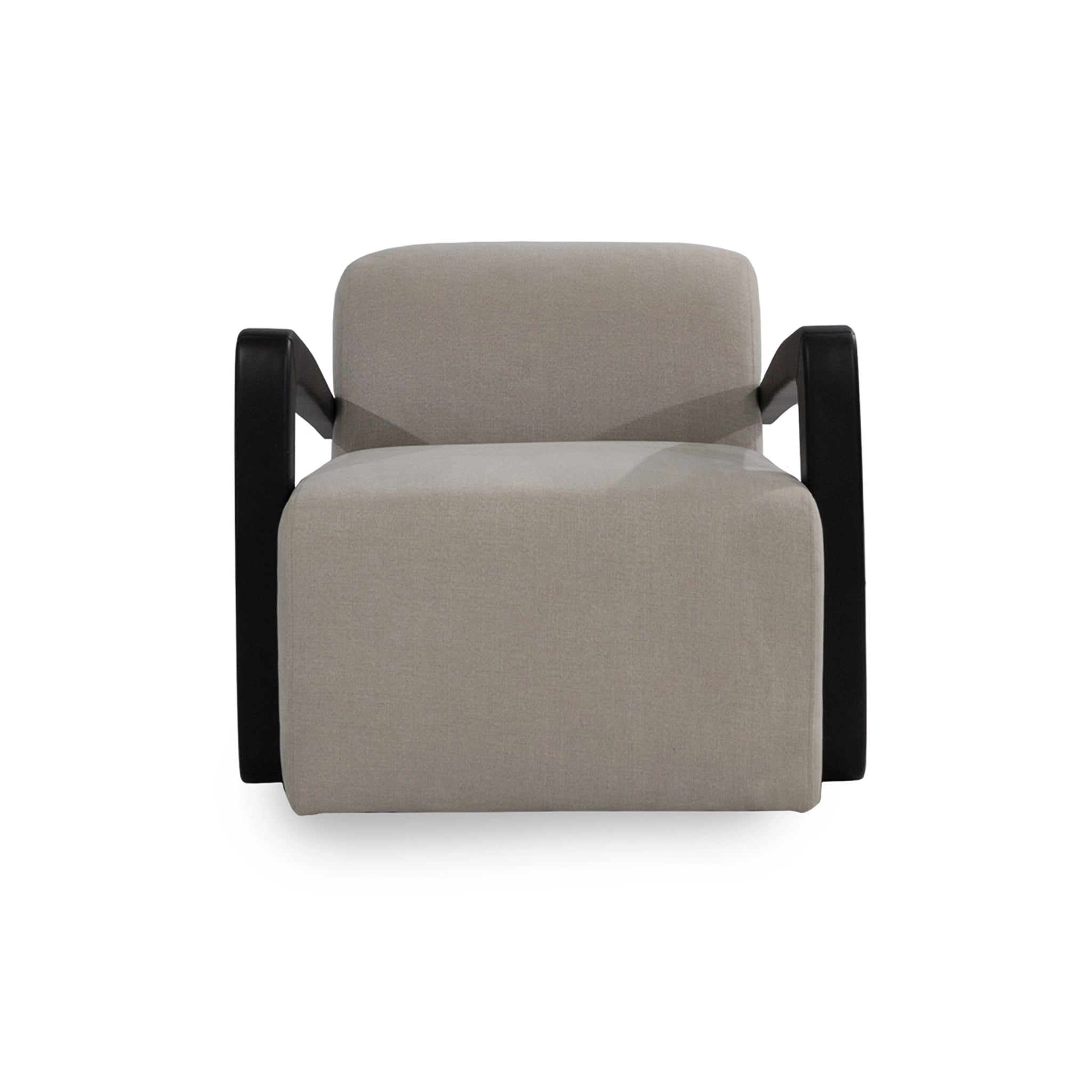 Gray armchair with black wooden armrests on a white background