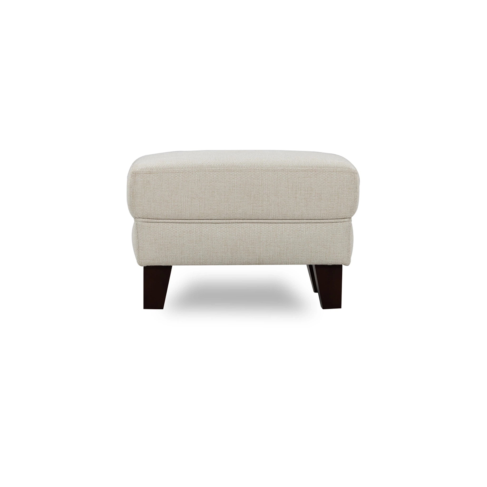 Beige ottoman with dark wood legs on a white background