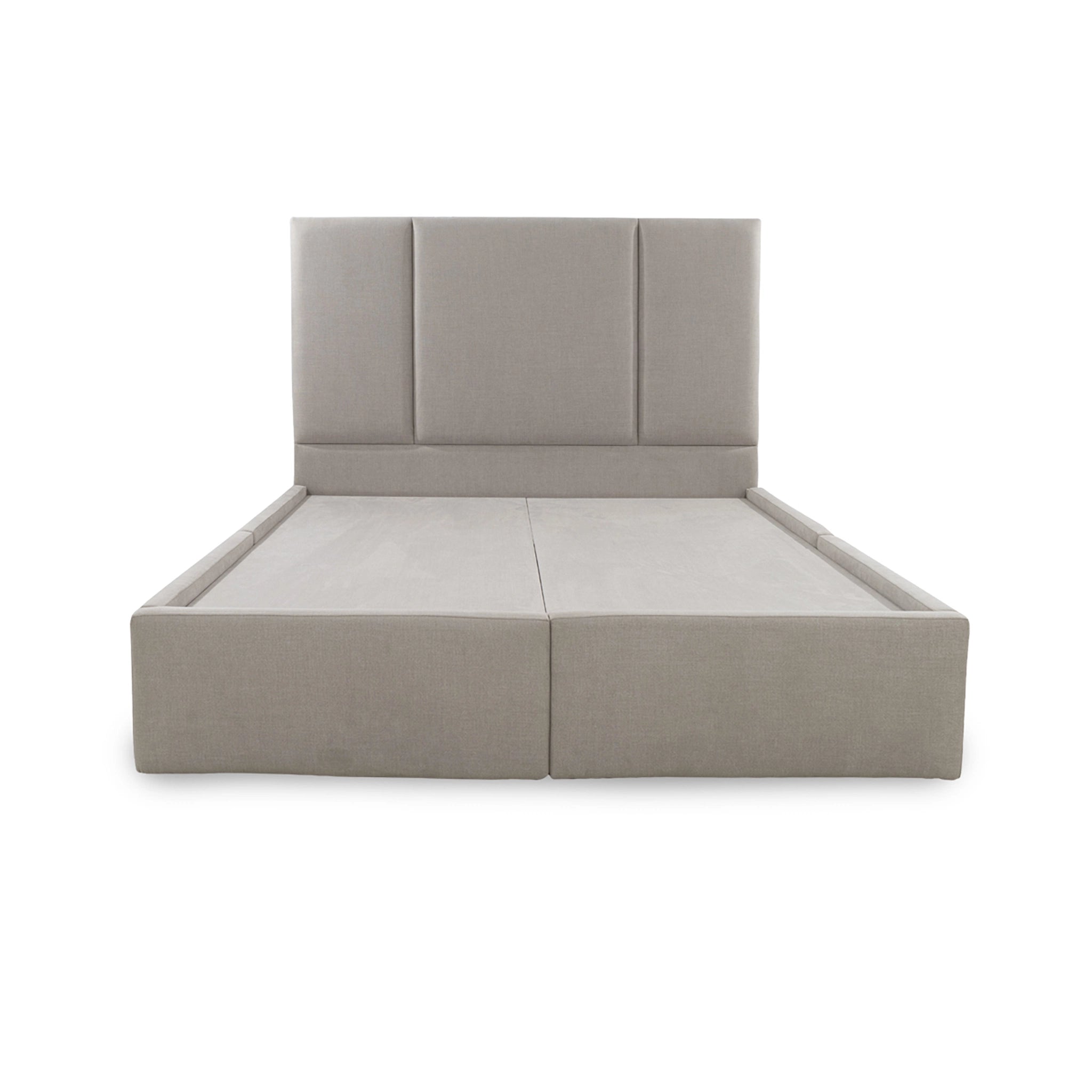 Gray upholstered bed frame on a white background