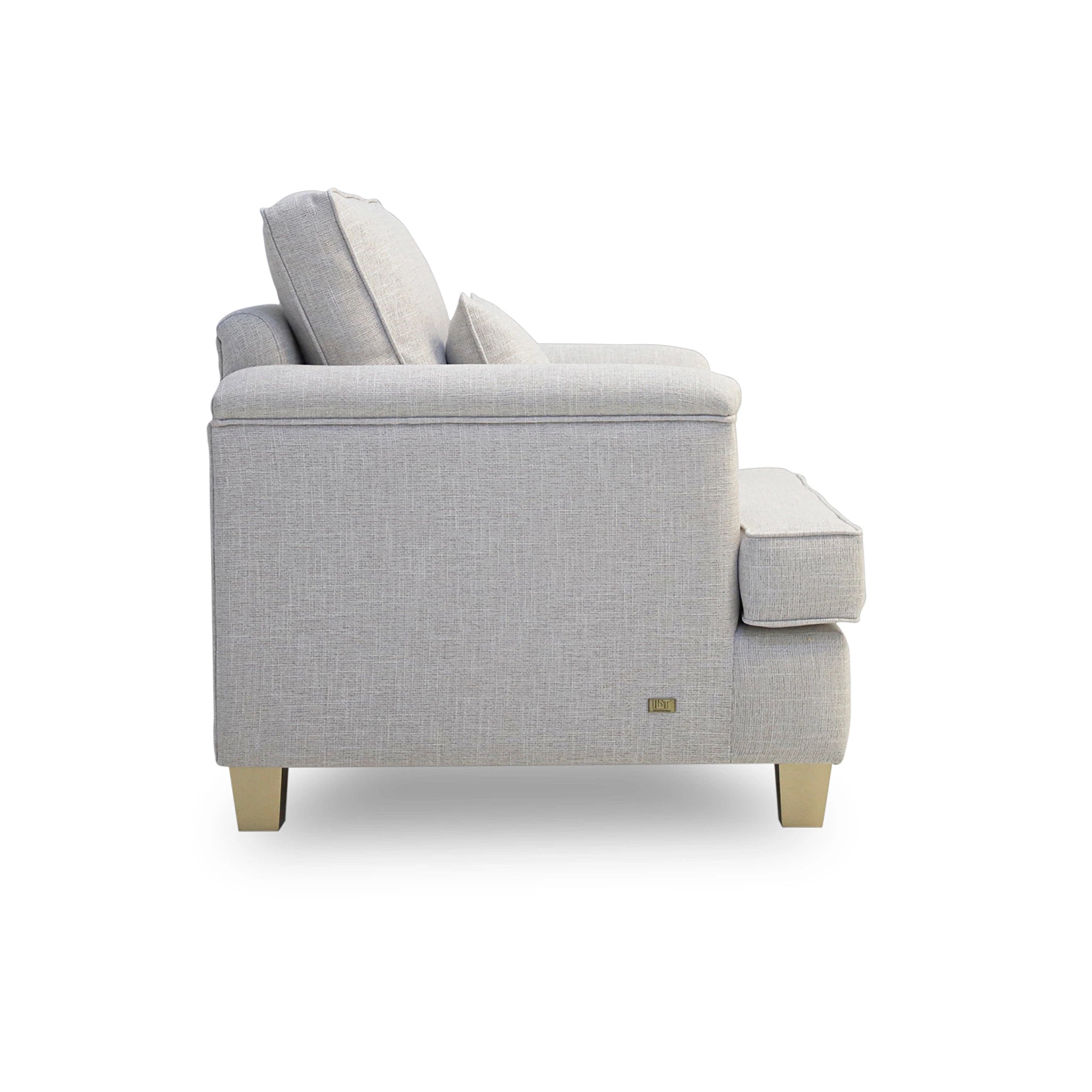 Gray sofa with beige cushions on a white background