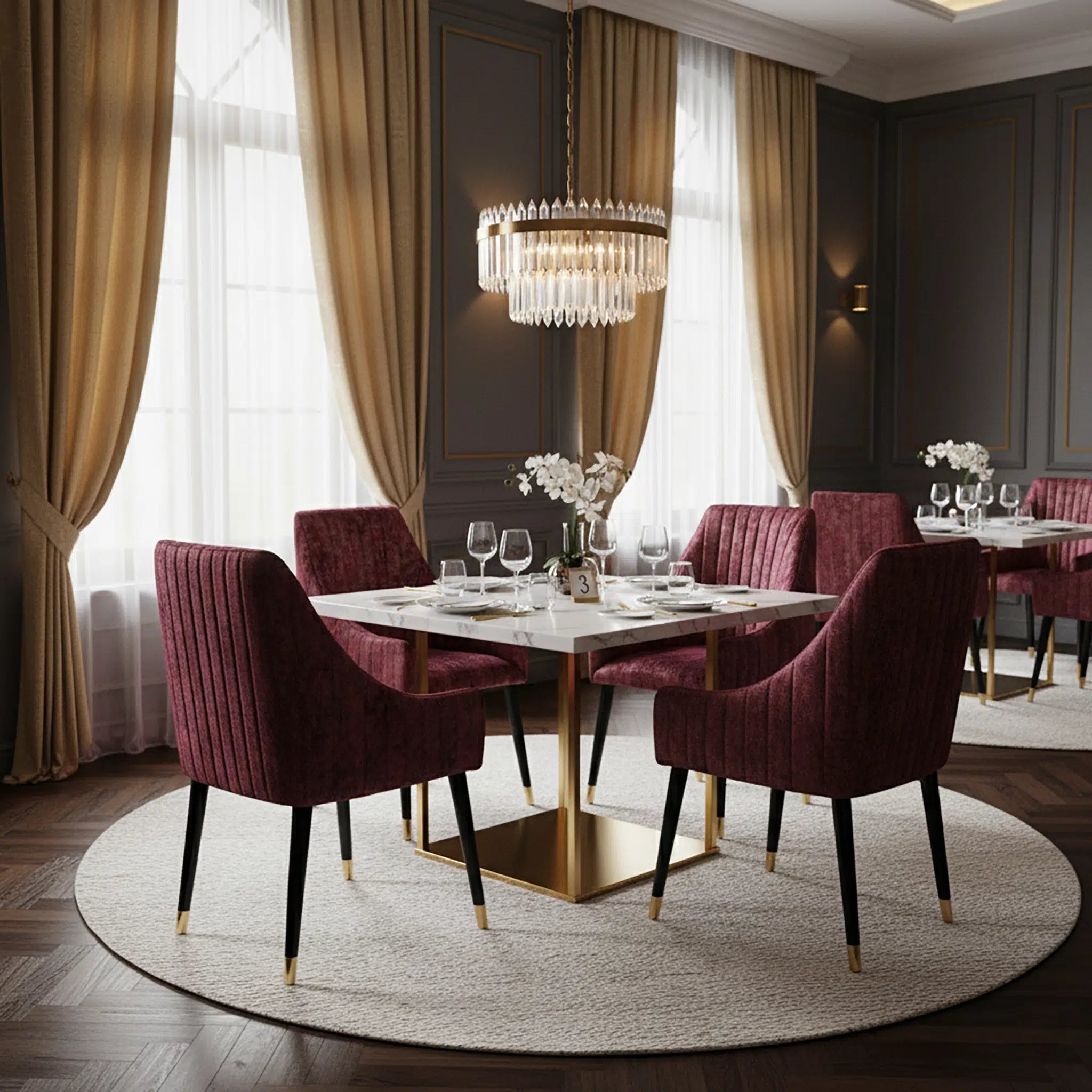 Elegant dining room with maroon chairs, a gold table, and a chandelier.