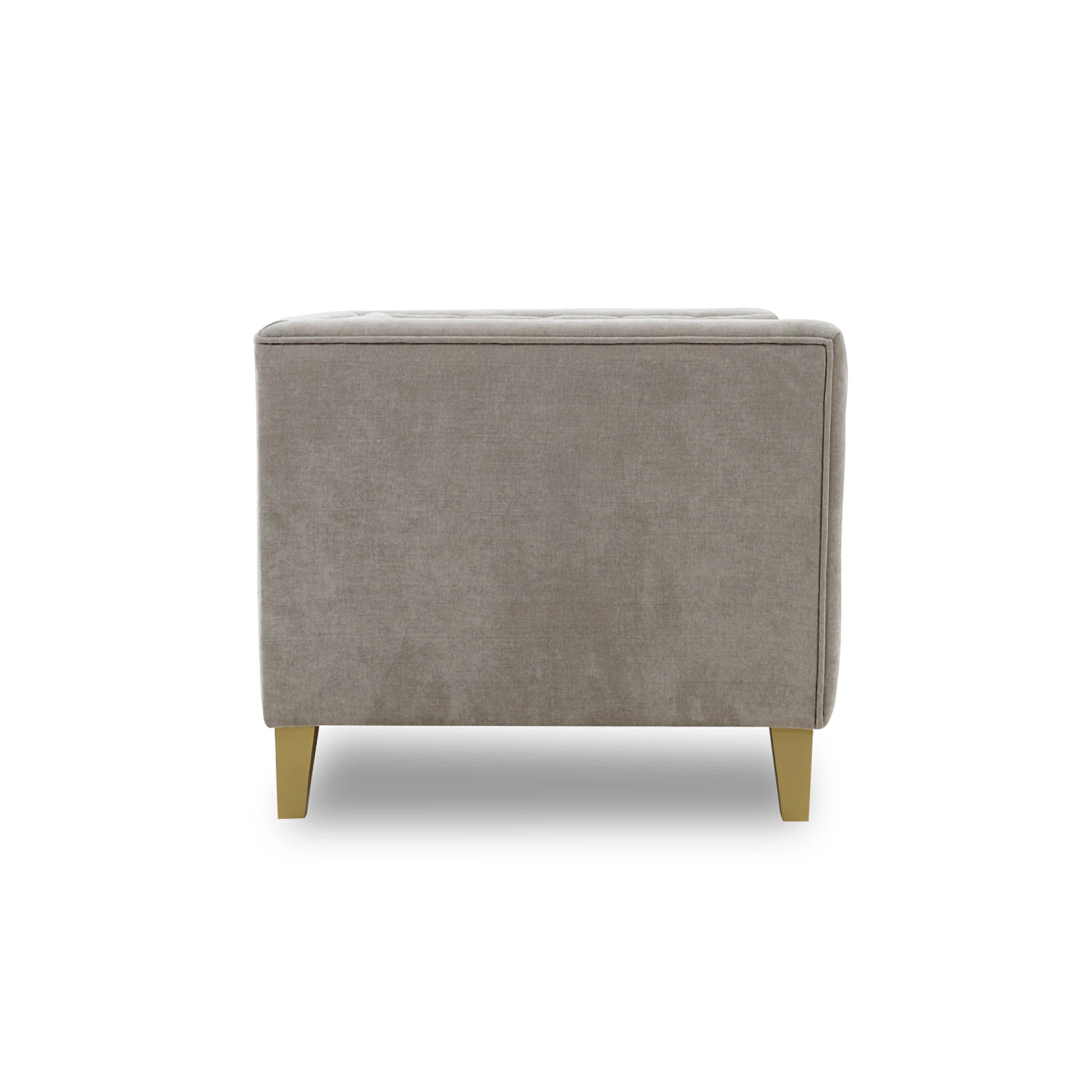 Gray upholstered ottoman with wooden legs on a white background