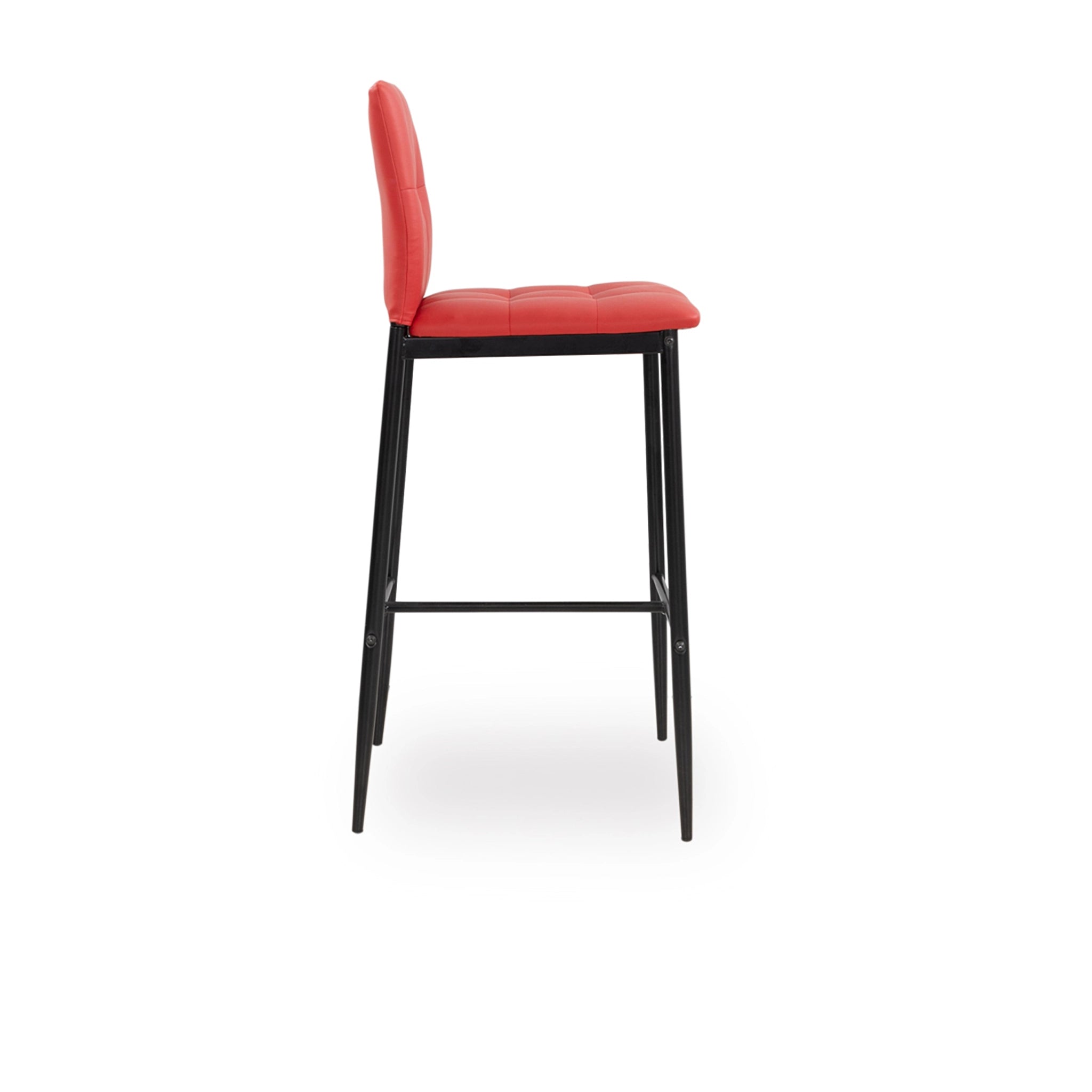 Red bar stool with black legs on a white background