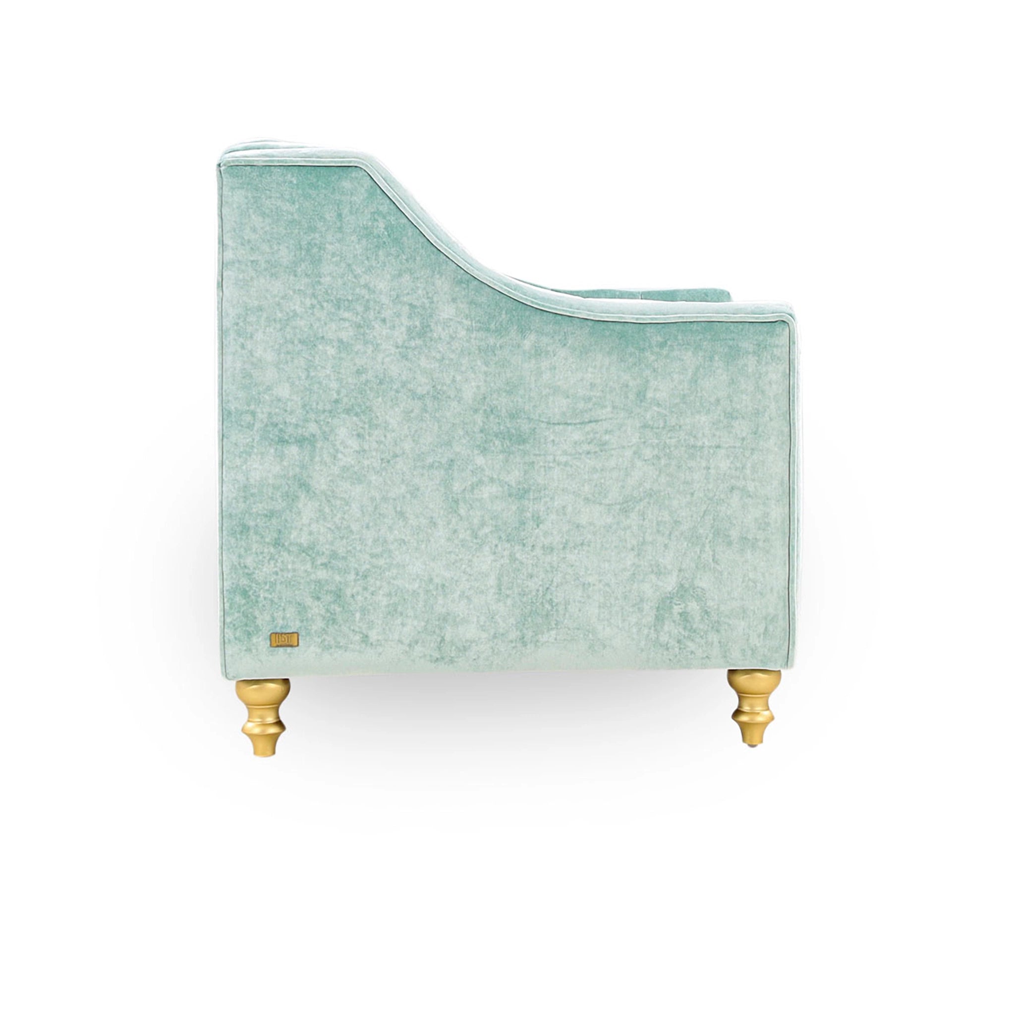 Light blue armchair with gold legs on a white background