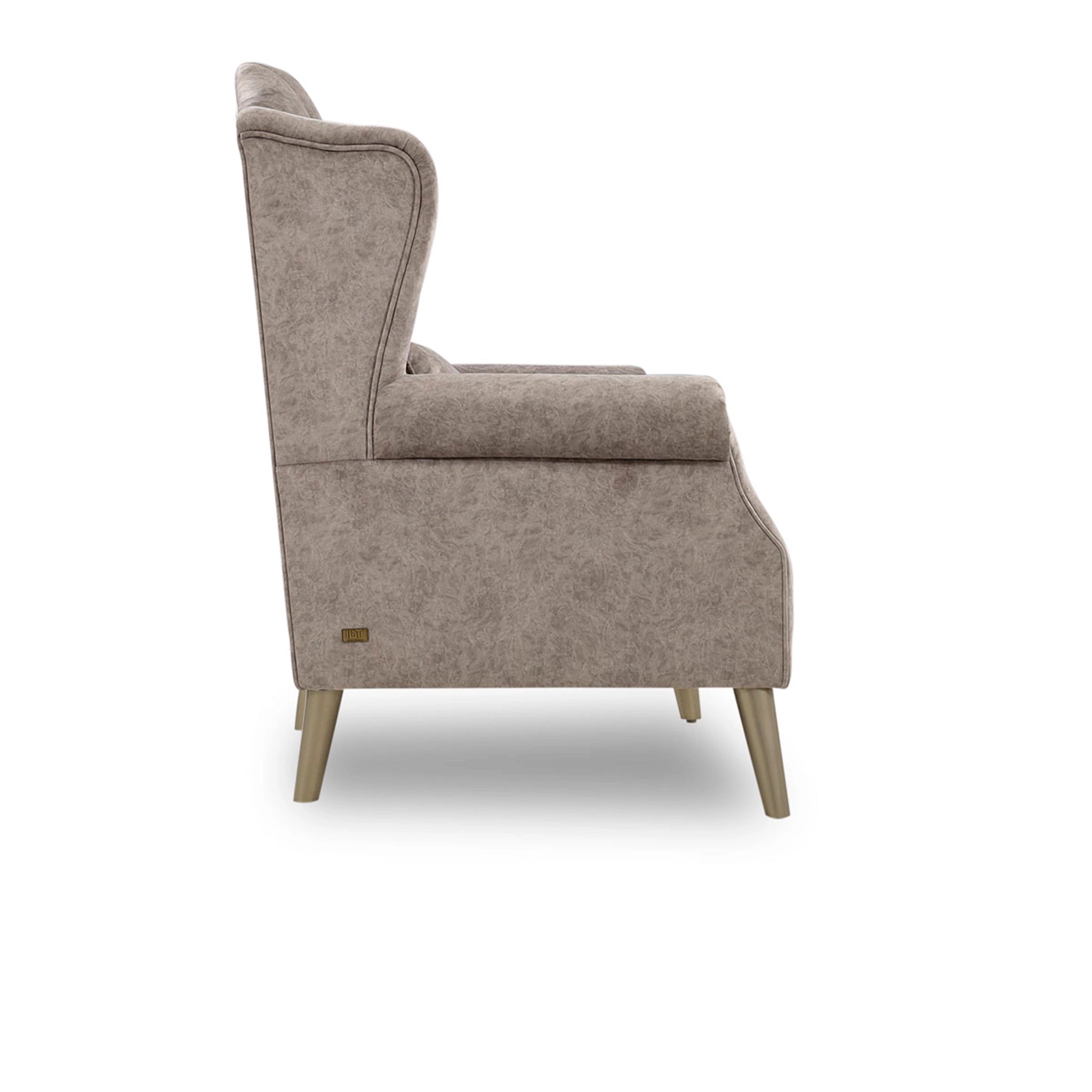 Beige armchair with wooden legs on a white background