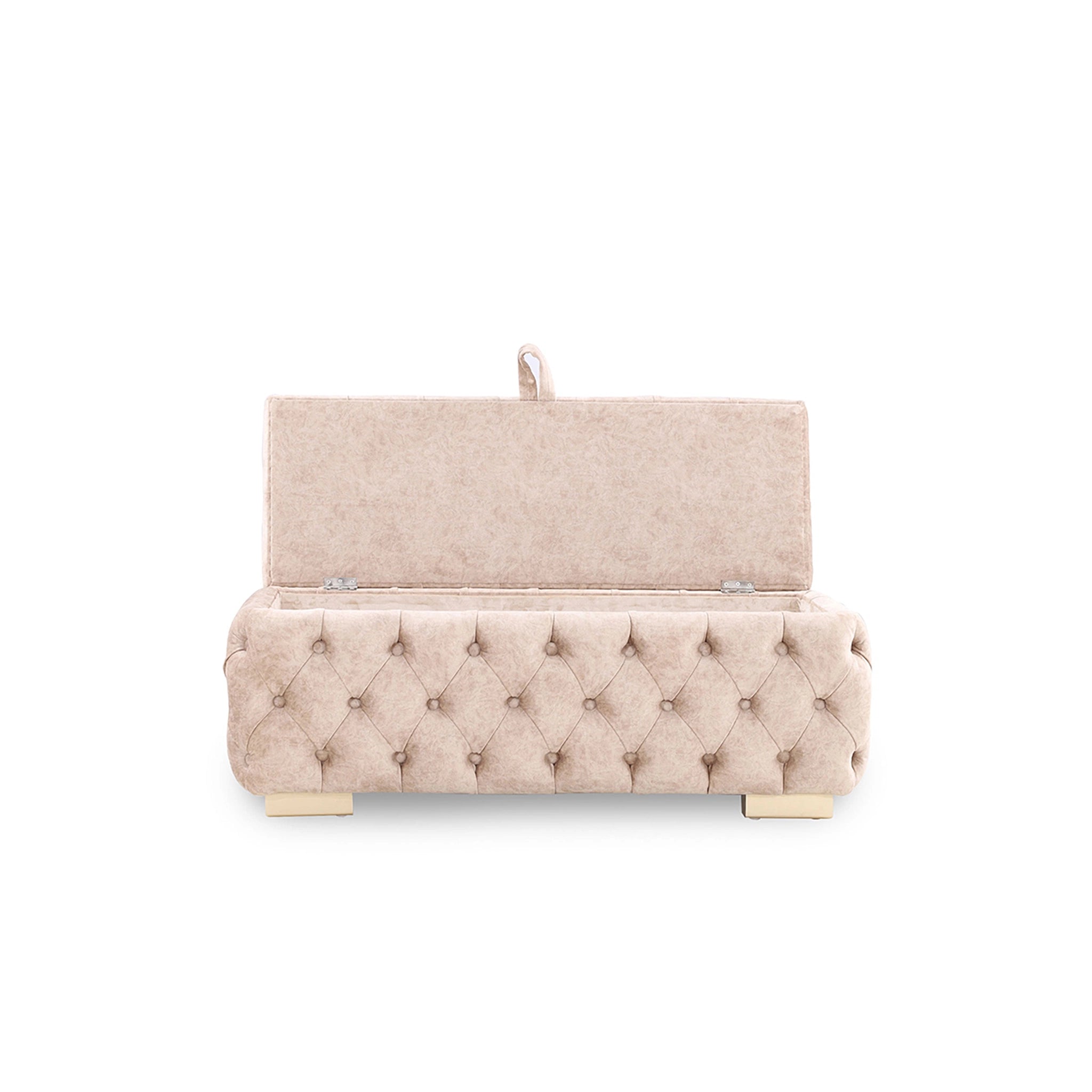 Beige upholstered bed with tufted design on a white background