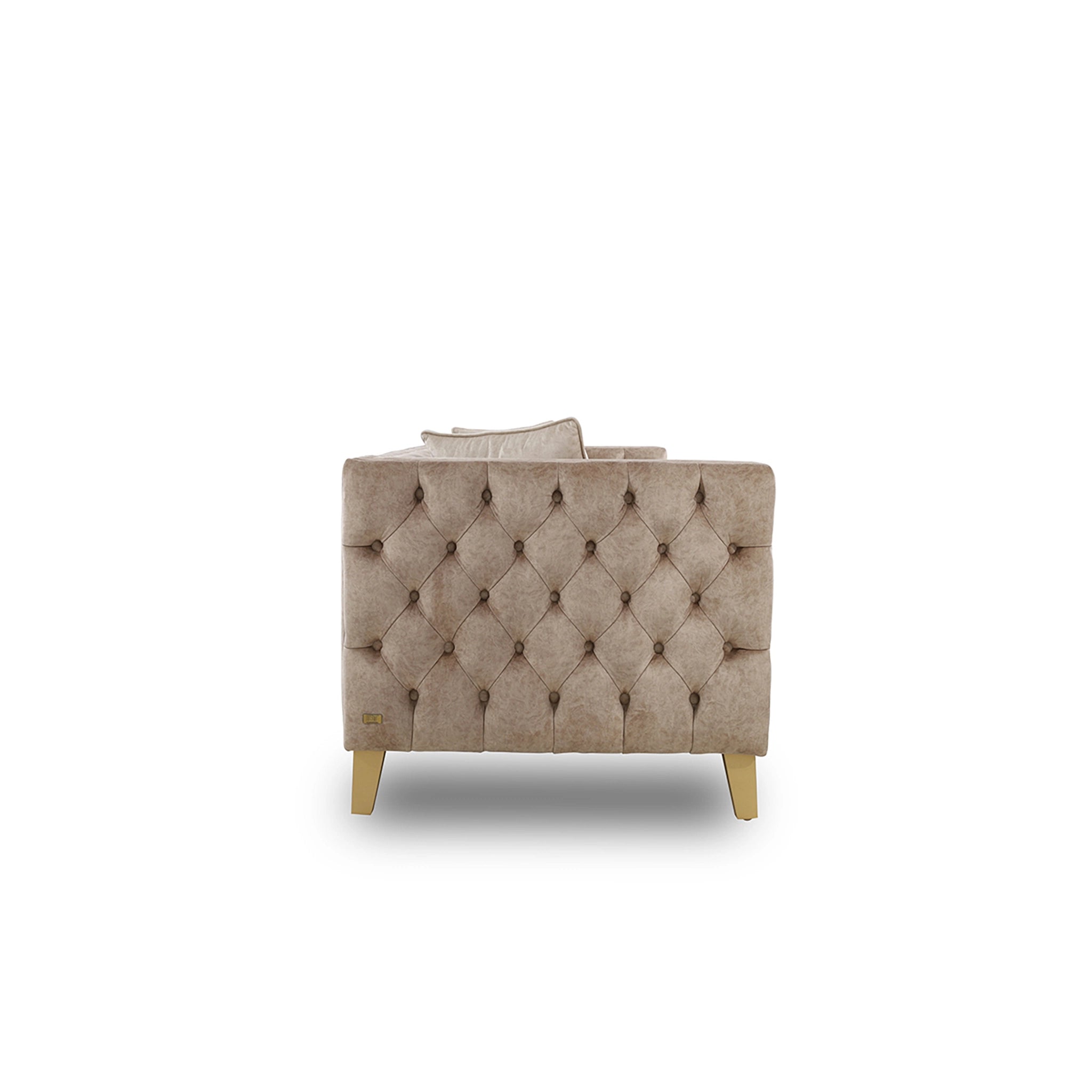 Beige armchair with tufted backrest on a white background