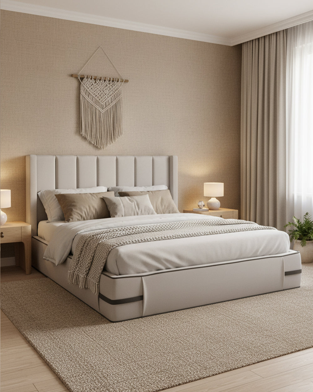 Neatly made bed in a bedroom with beige walls and decor.