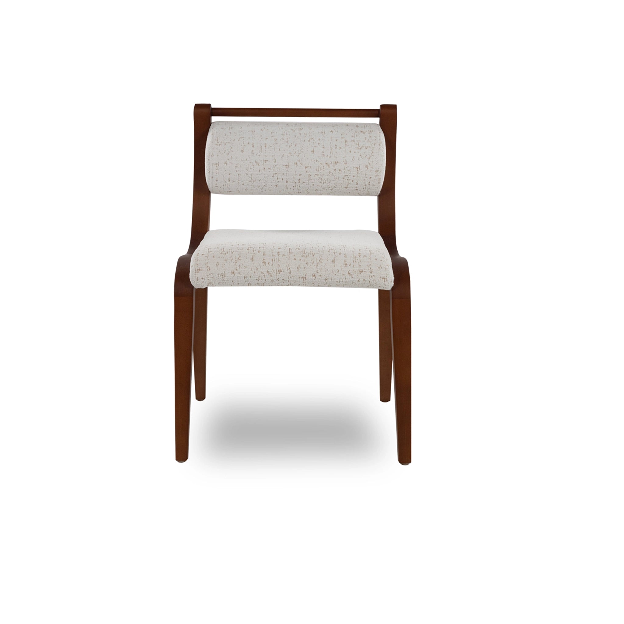 Chair with wooden frame and white cushioned seat and backrest on a white background