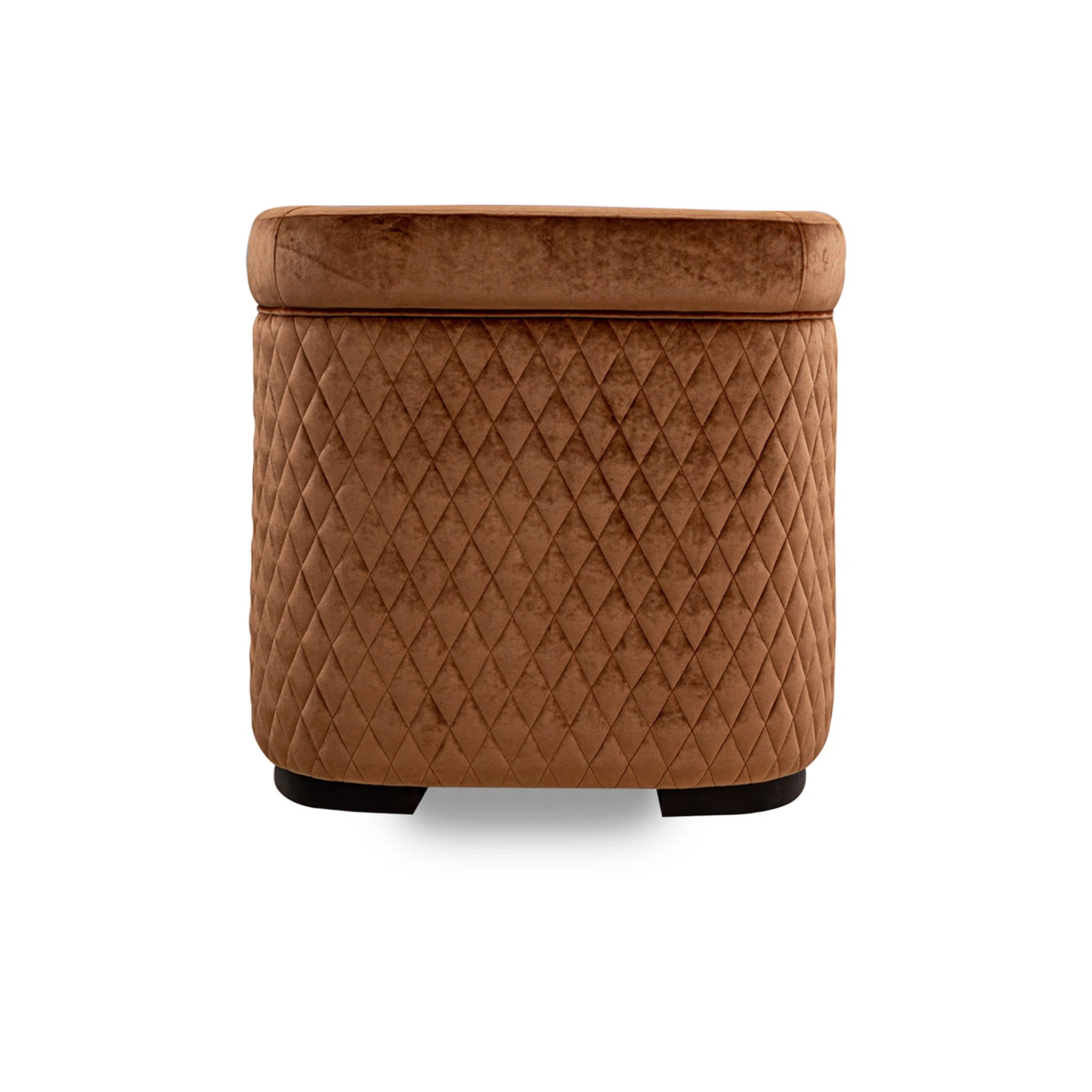 Brown quilted storage ottoman on a white background