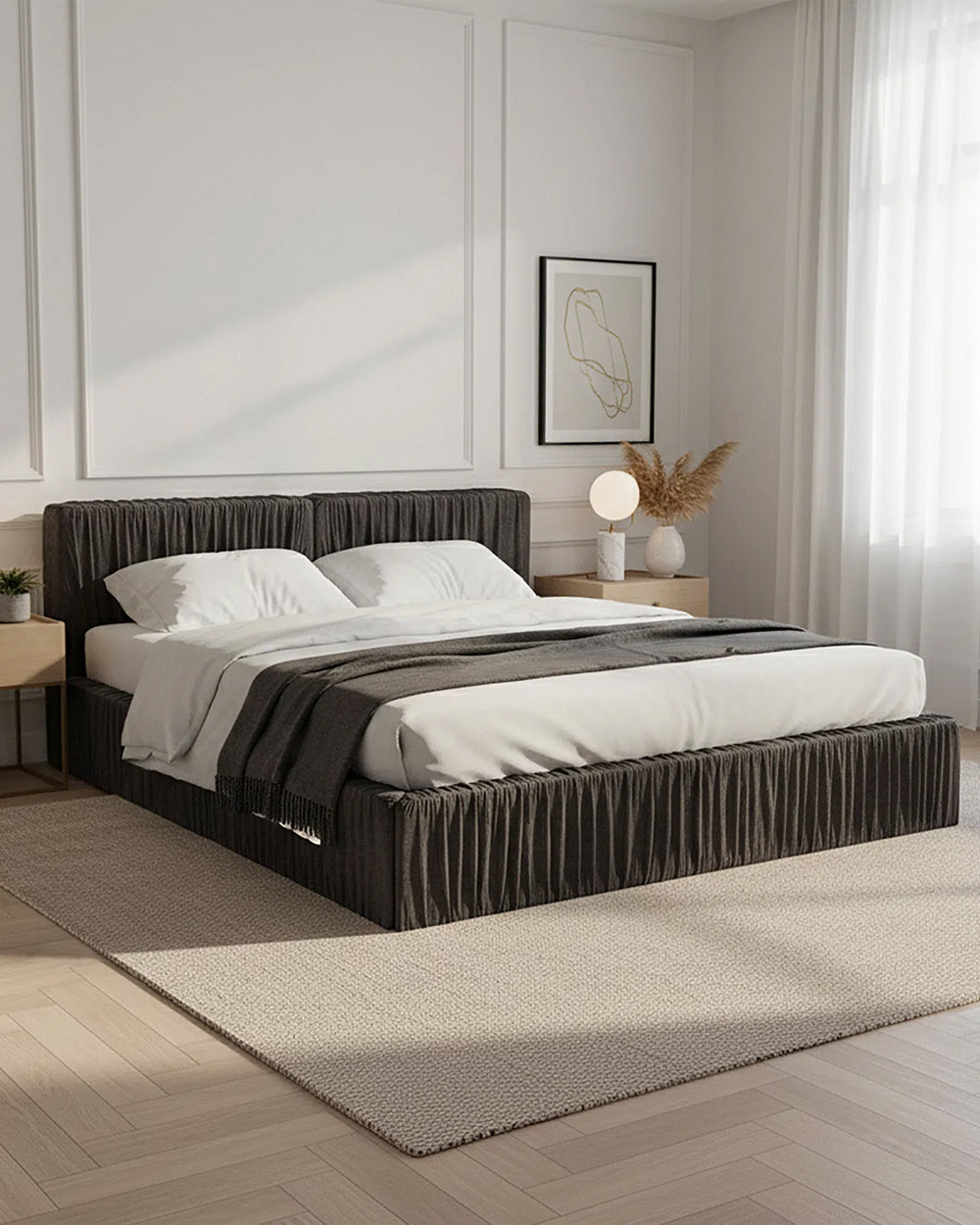 Modern bedroom with a bed, nightstands, and wall art.