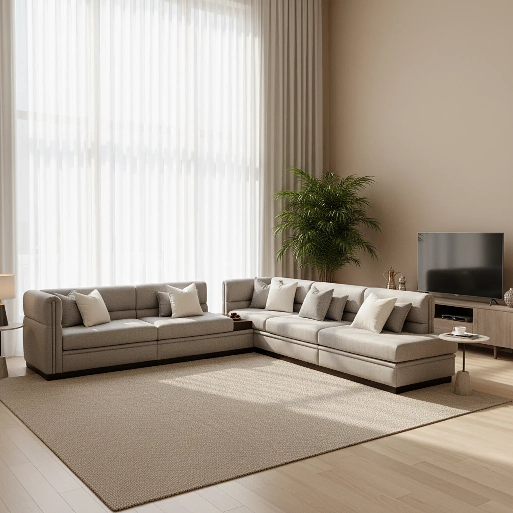 Modern living room with a sectional sofa, TV, and decorative items.