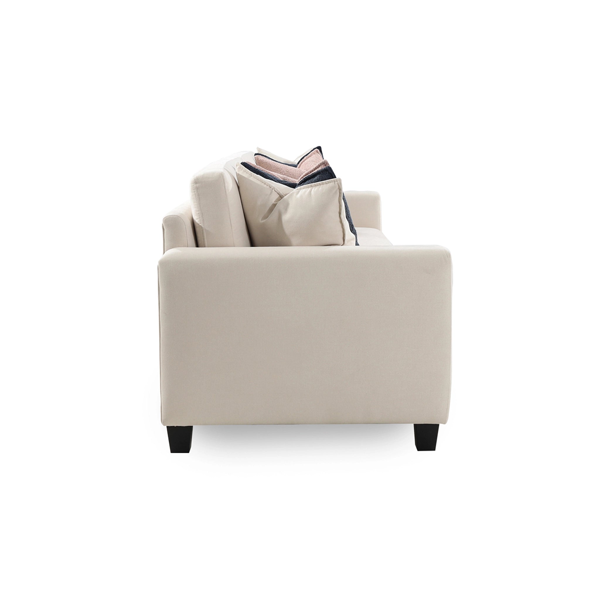 Beige armchair with decorative pillows on a white background
