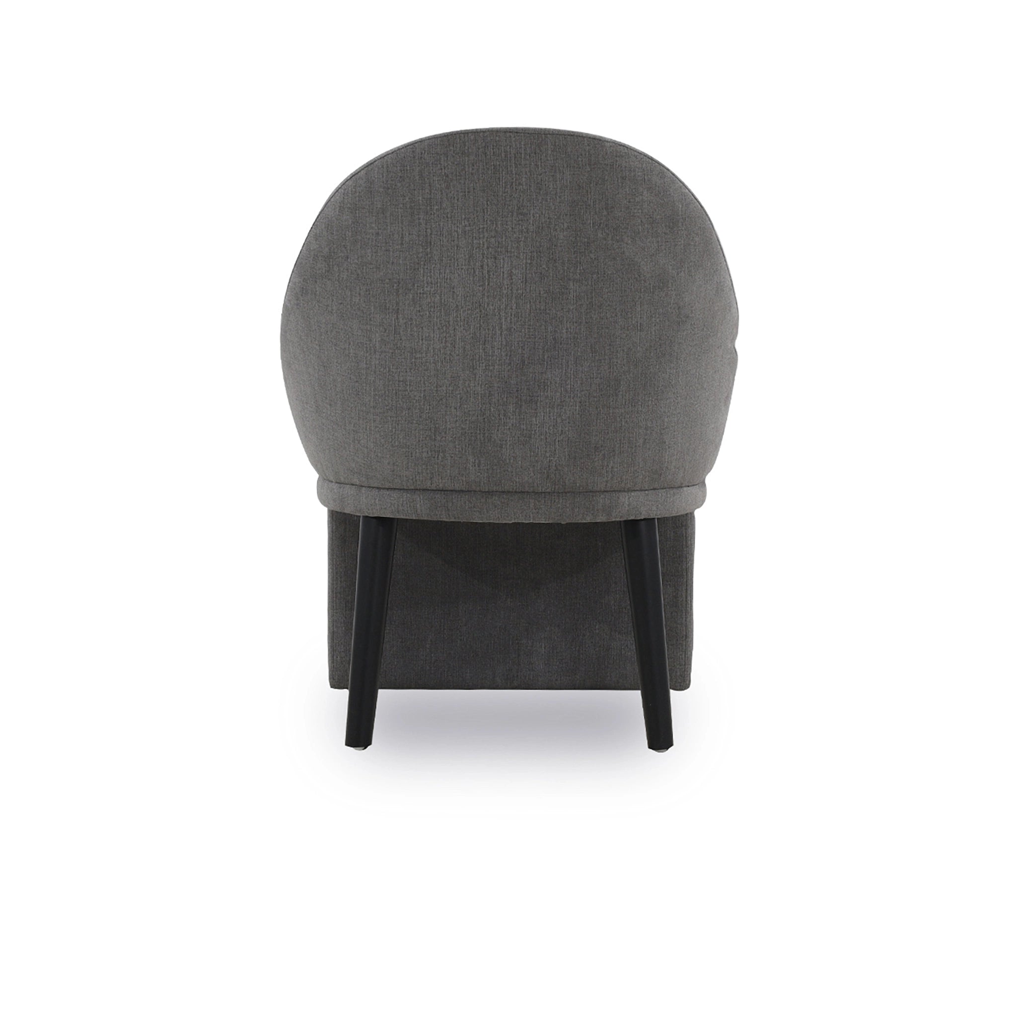 Gray upholstered chair with black legs on a white background