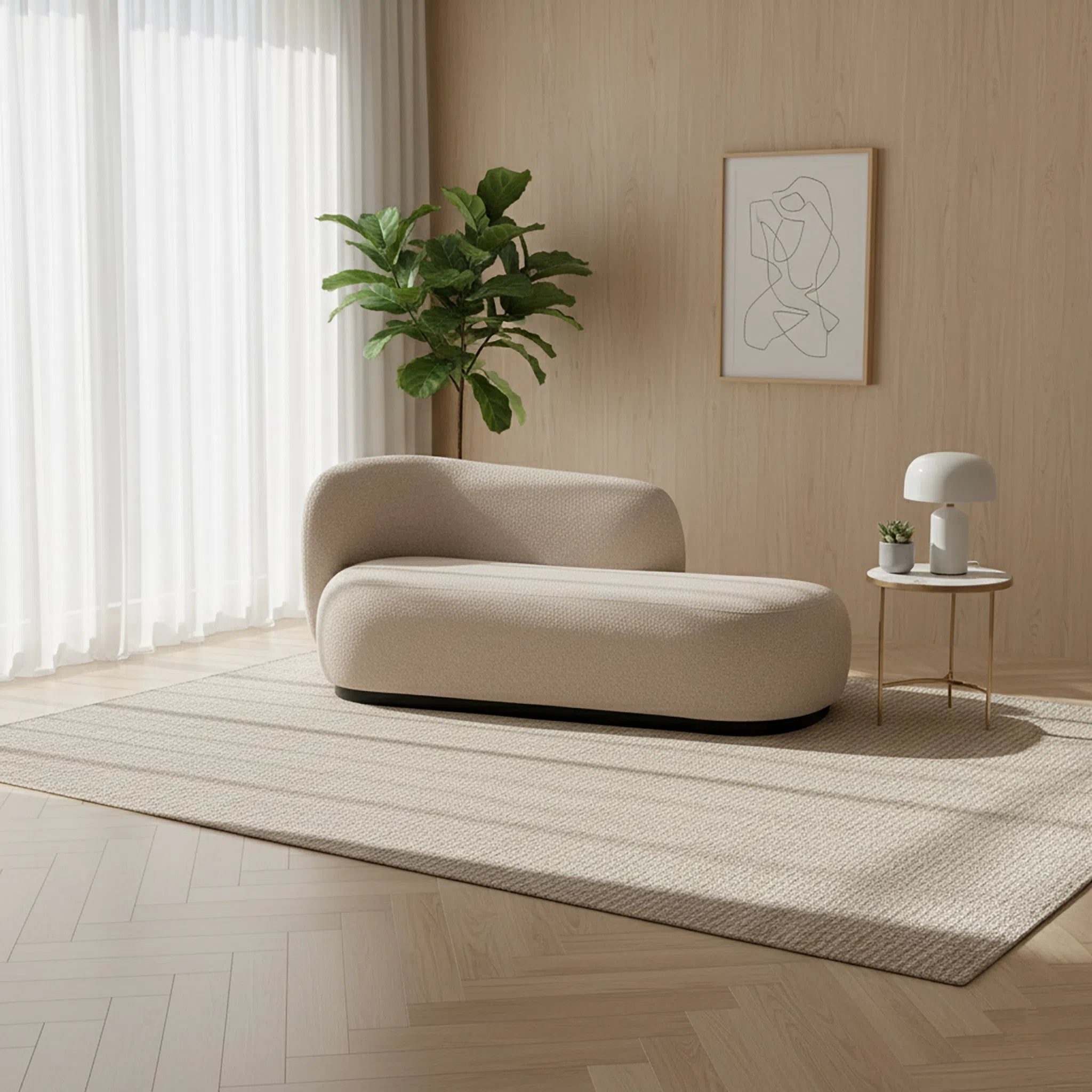 Modern living room with a beige sofa, plant, and side table.