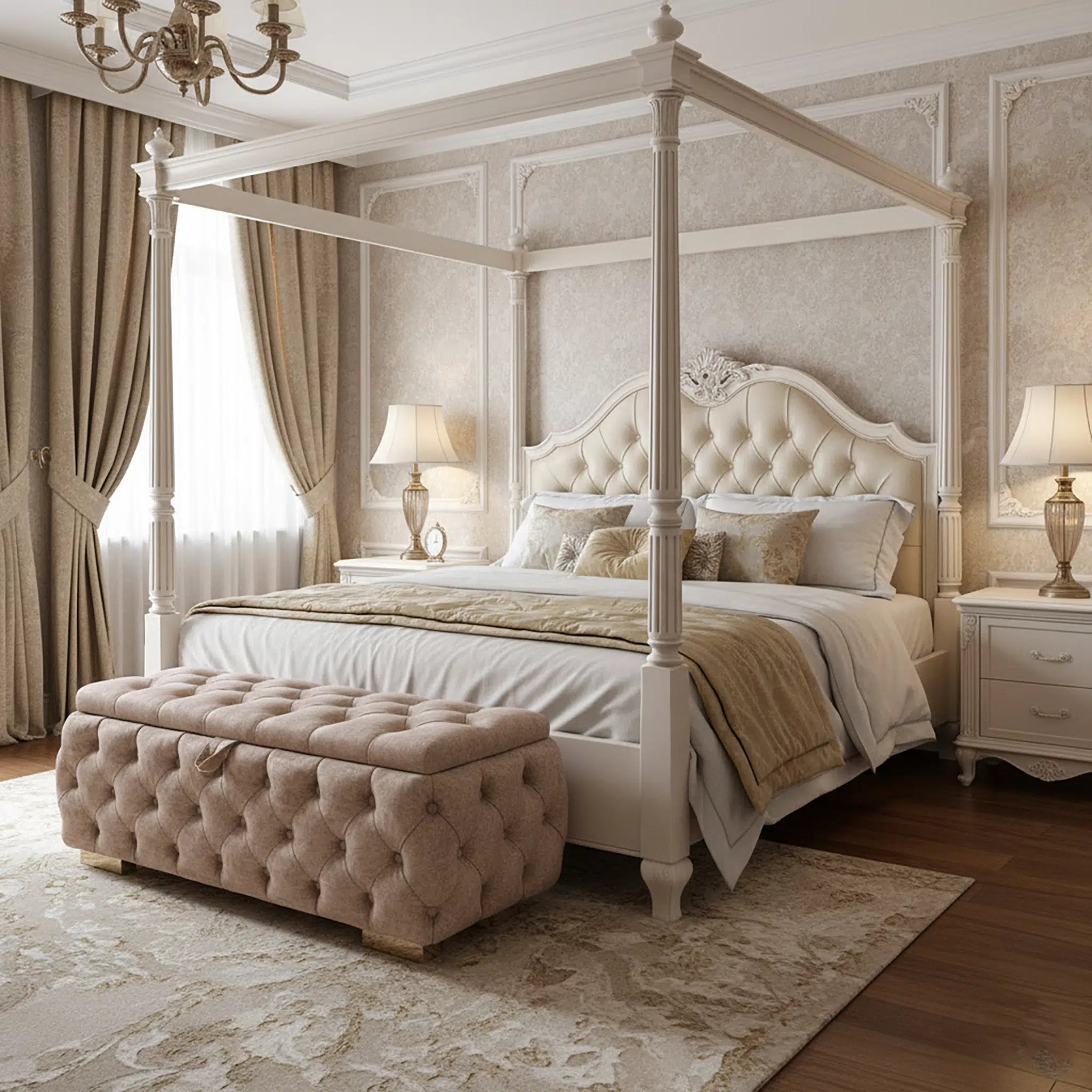 Luxurious bedroom with a four-poster bed, tufted ottoman, and elegant decor.