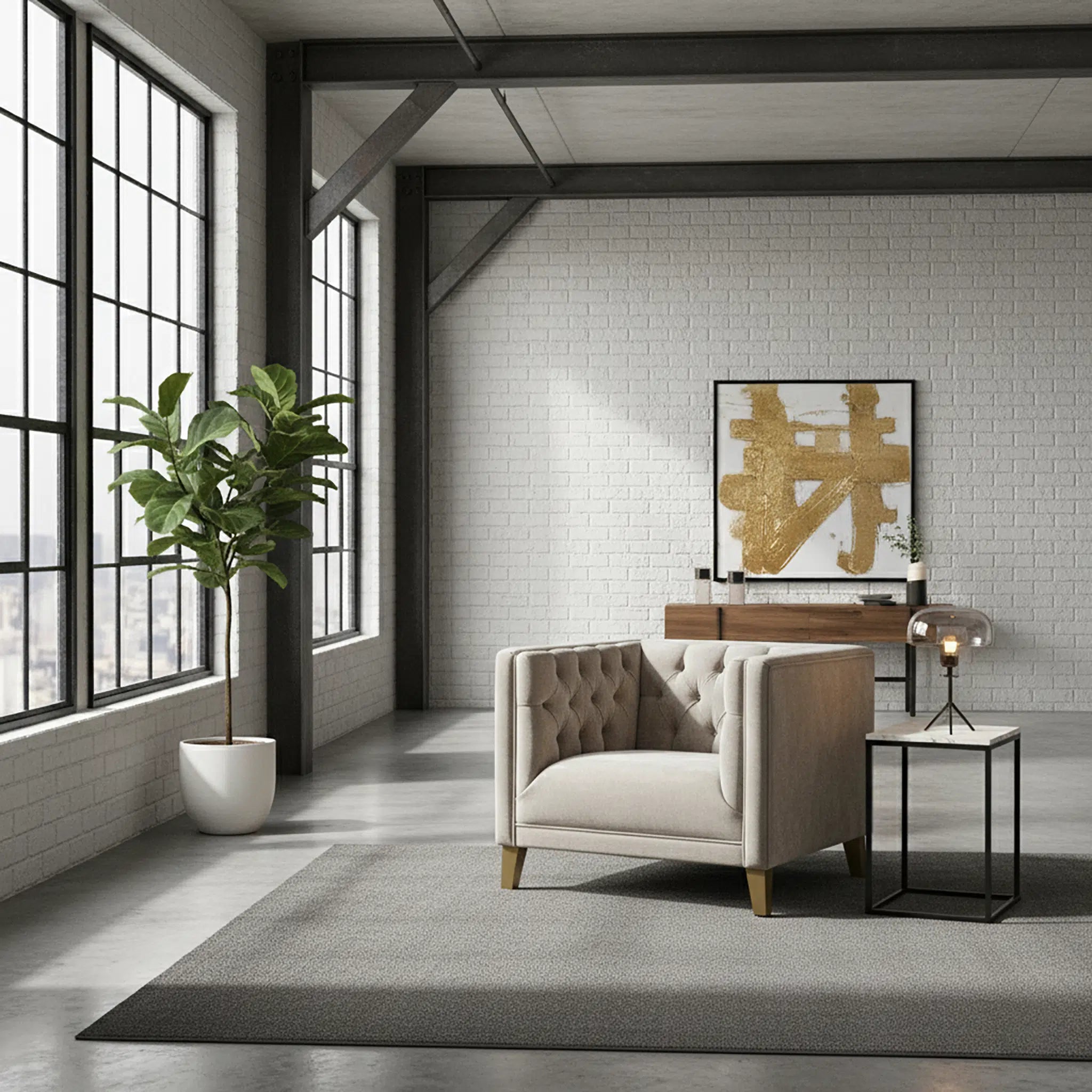 Modern living room with a beige armchair, plant, and abstract art on a white brick wall.