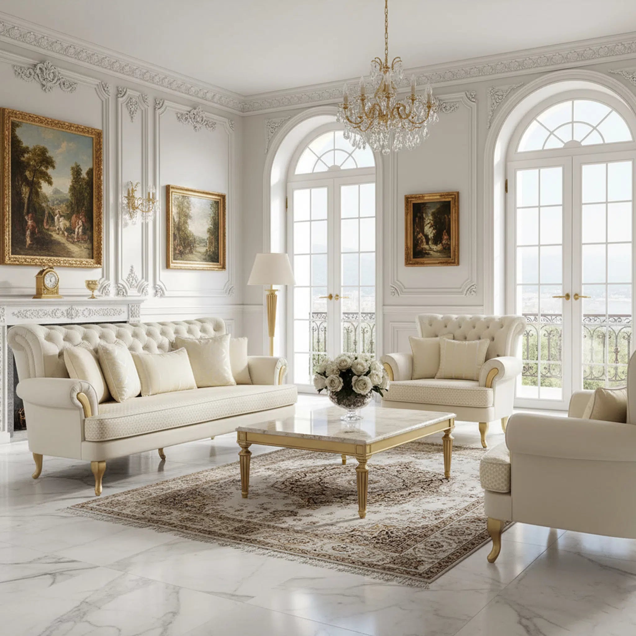 Luxurious living room with white furniture, marble floor, and large windows.