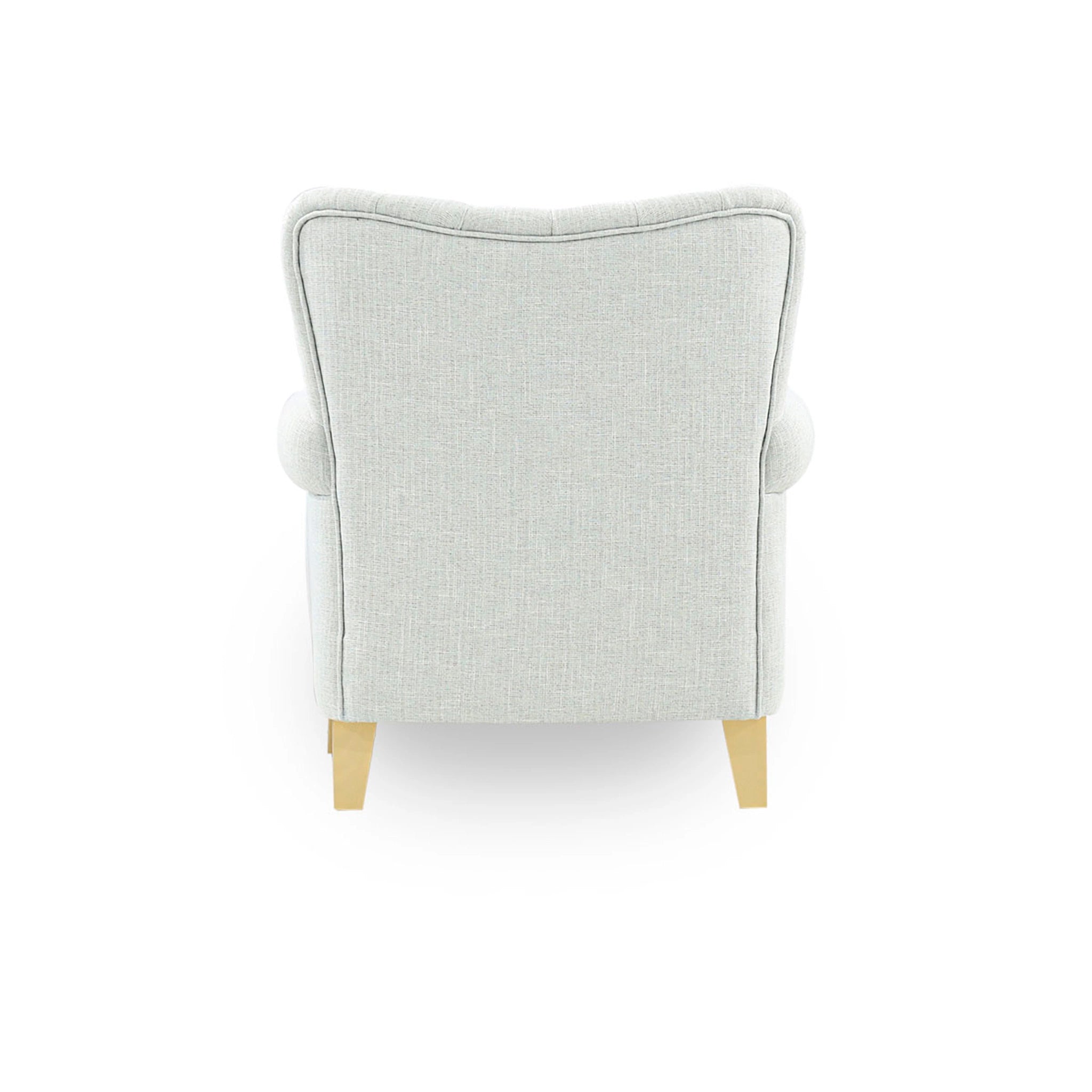 Light gray armchair with wooden legs on a white background