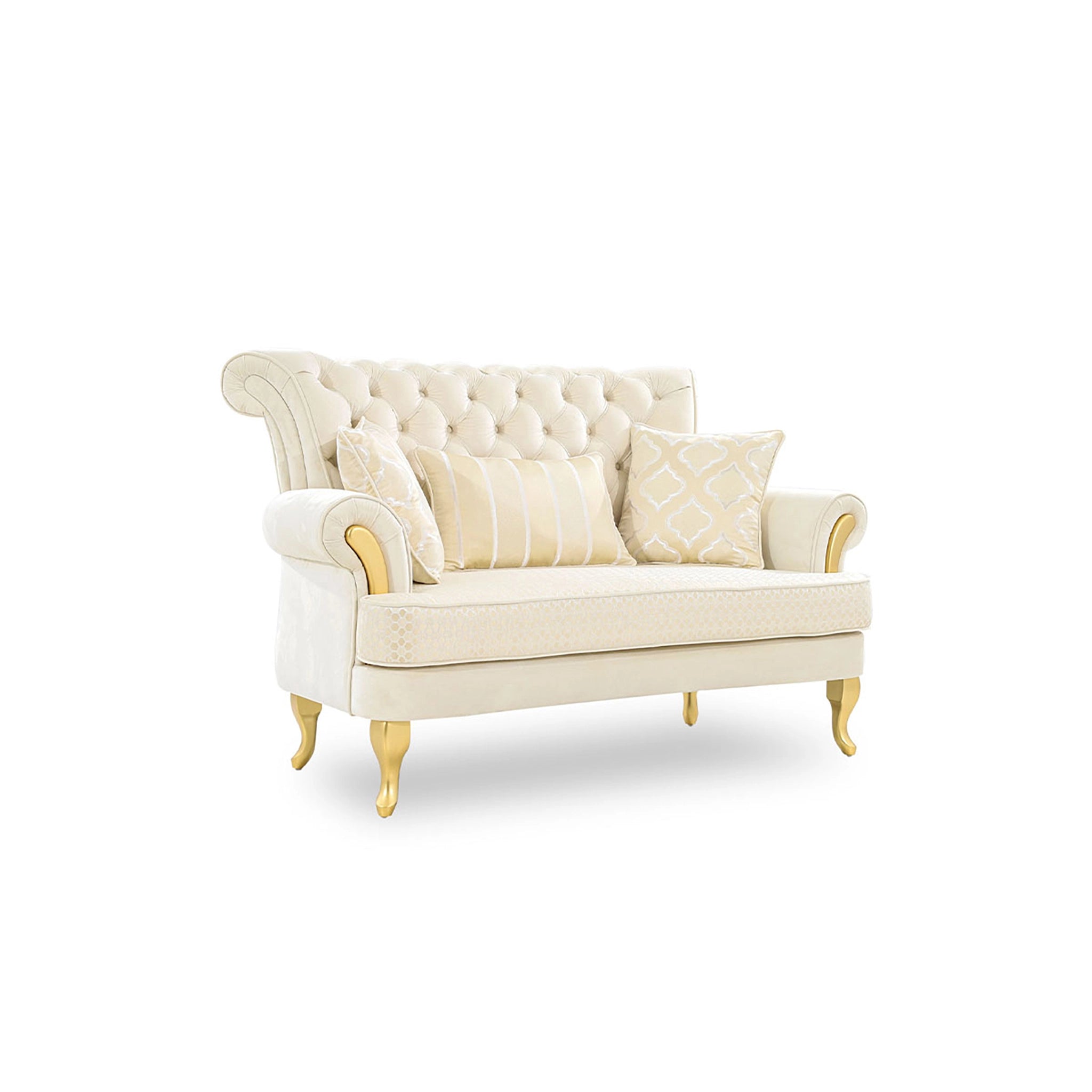 Beige tufted sofa with gold legs on a white background
