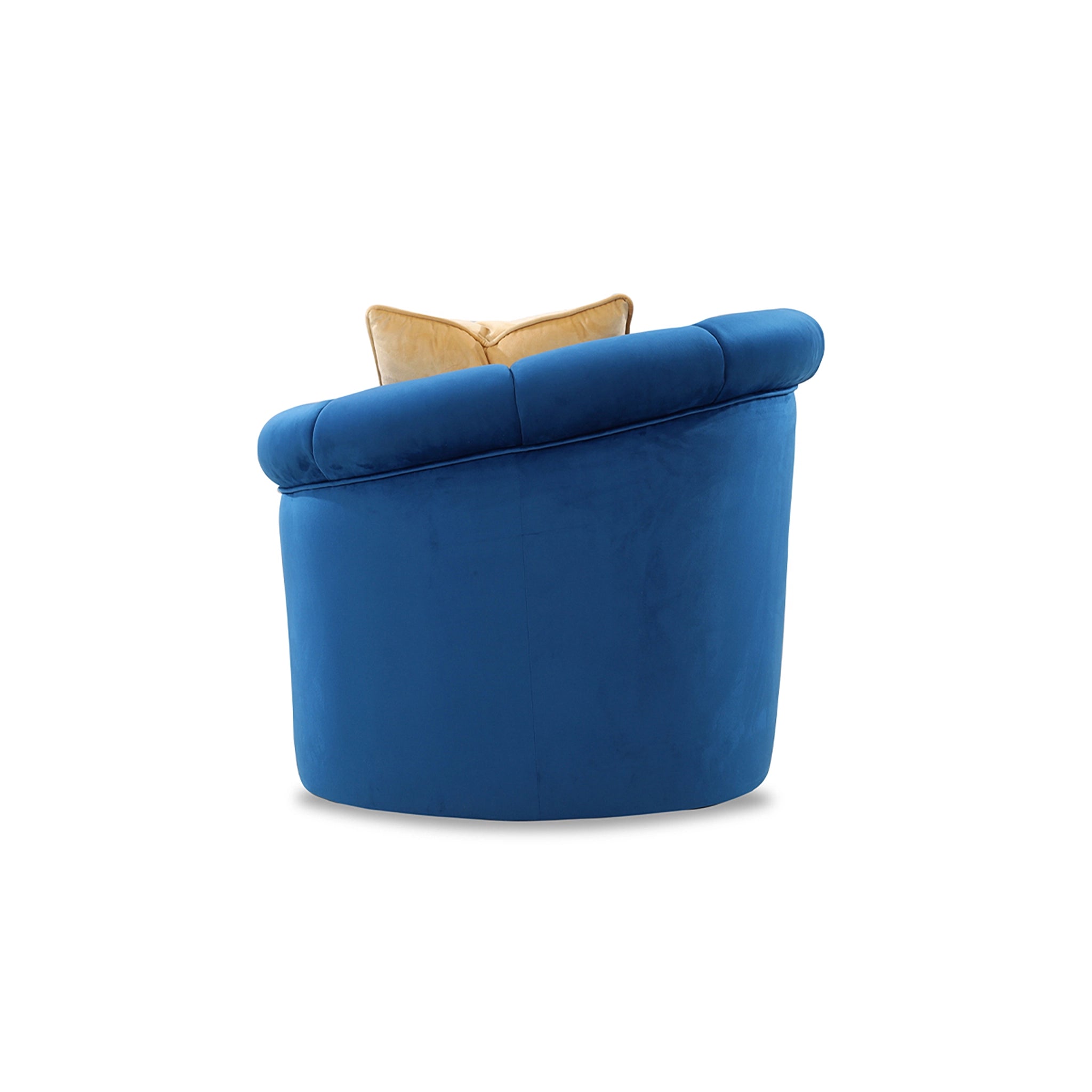 Blue chair with a beige cushion on a white background