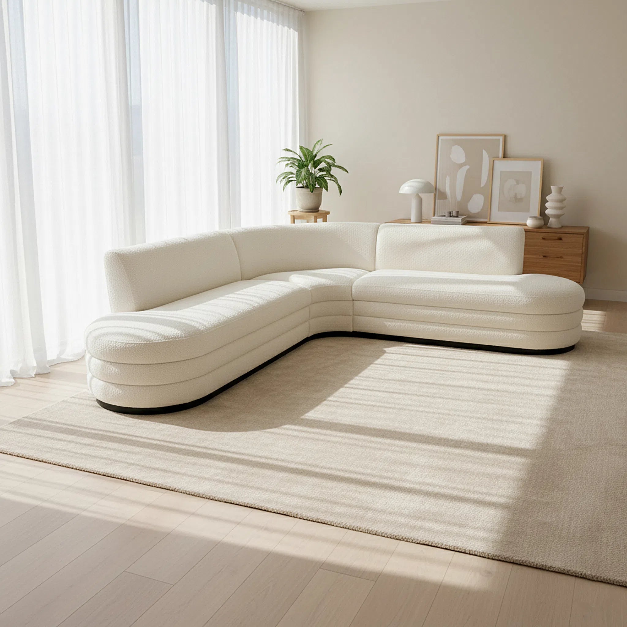 White sectional sofa in a modern living room with light wood flooring and neutral walls.