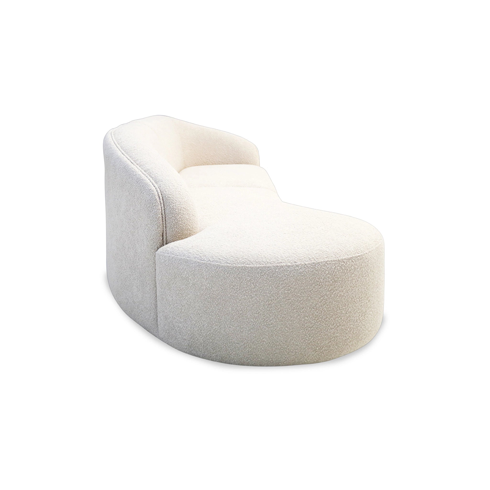 Modern, curved chair in light gray on a white background