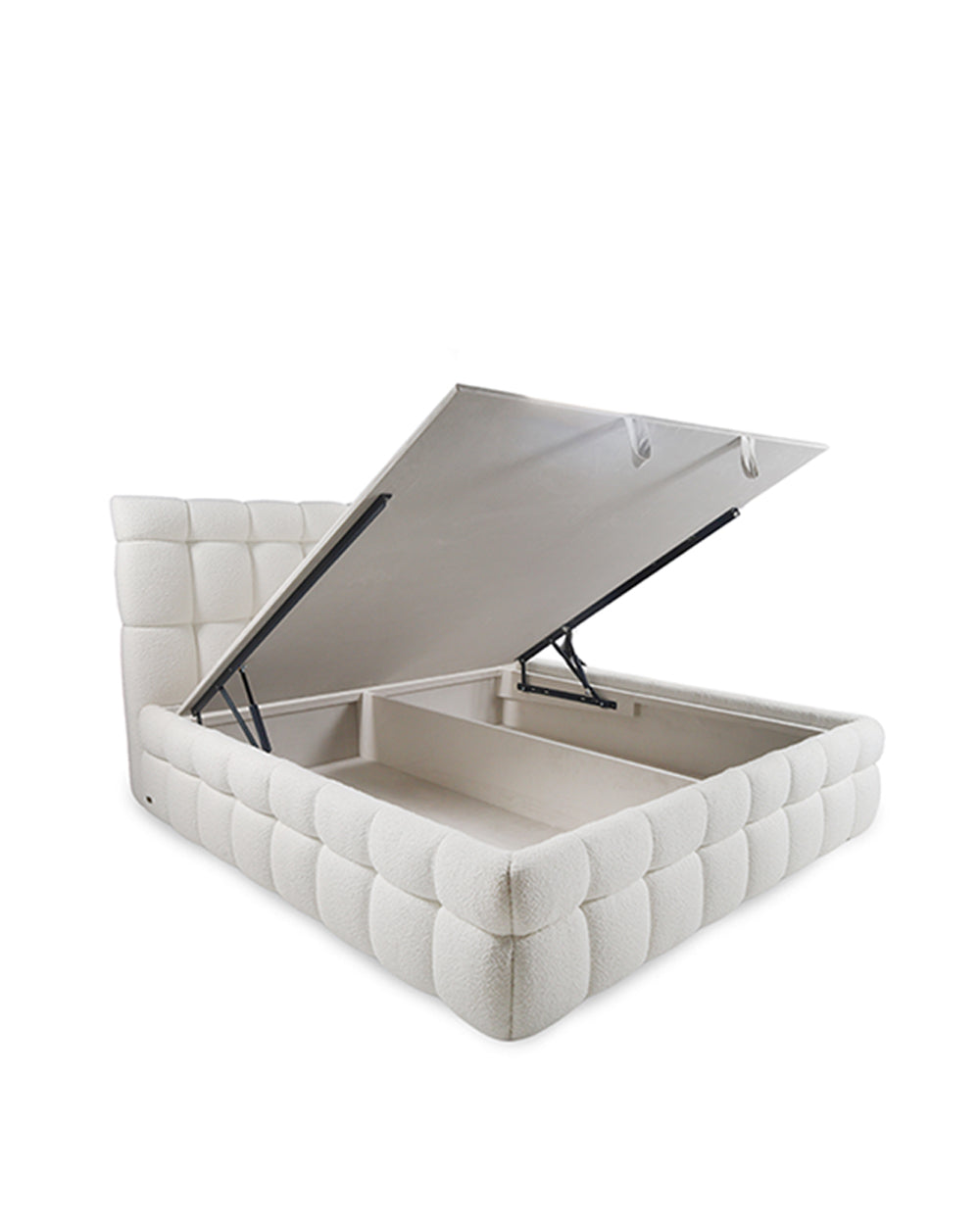 White tufted storage ottoman with open lid on a white background