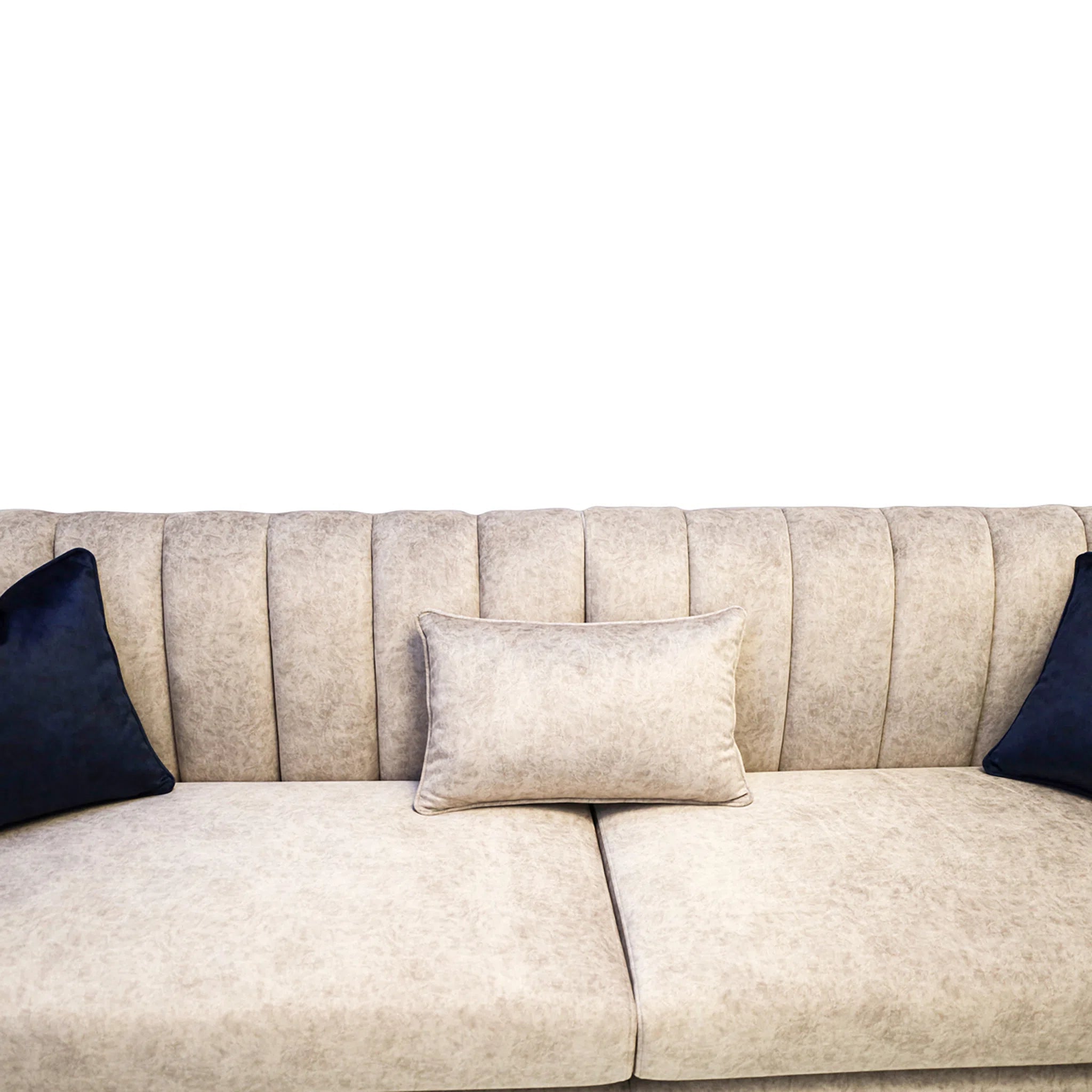 Beige sofa with two black and one beige pillow on a white background
