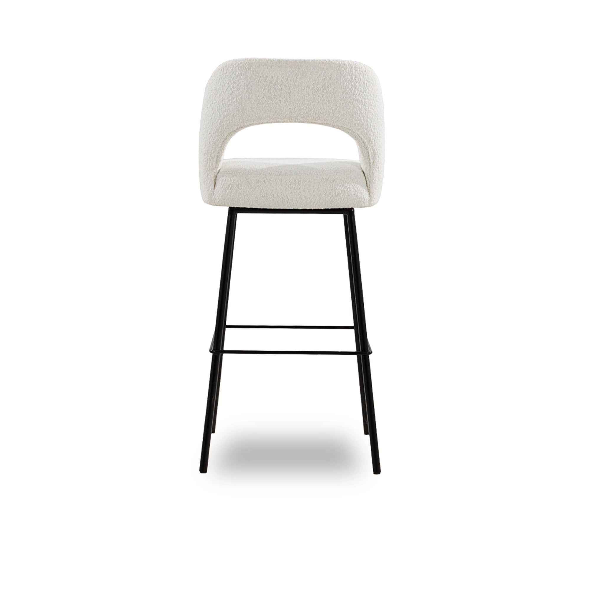 Bar stool with a white cushioned seat and black metal legs on a white background