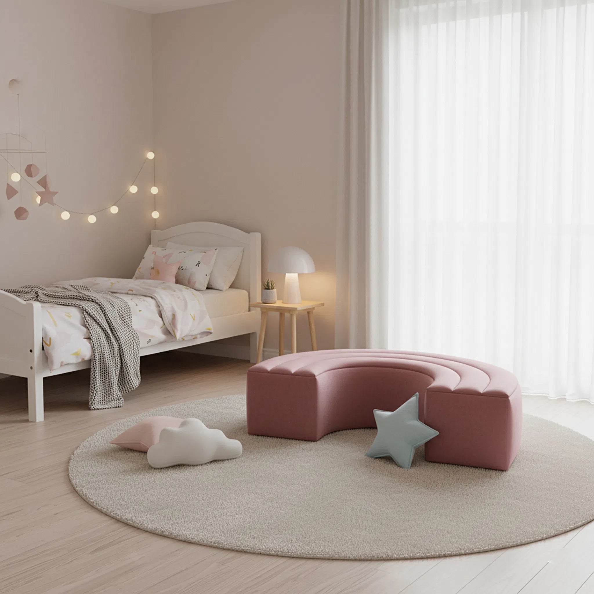 Children's bedroom with a bed, pink round ottoman, and toys on a rug.
