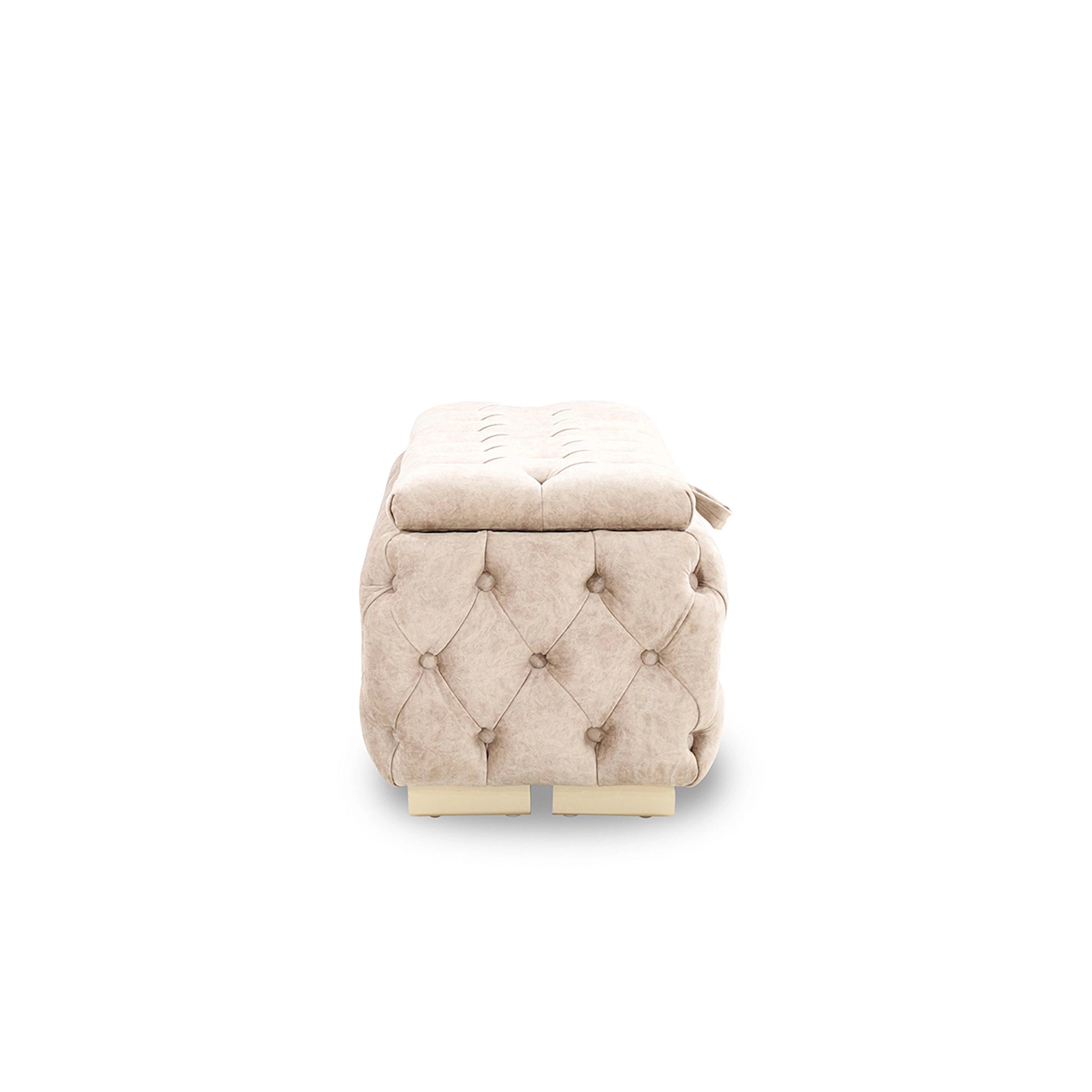 Beige tufted ottoman on a white background