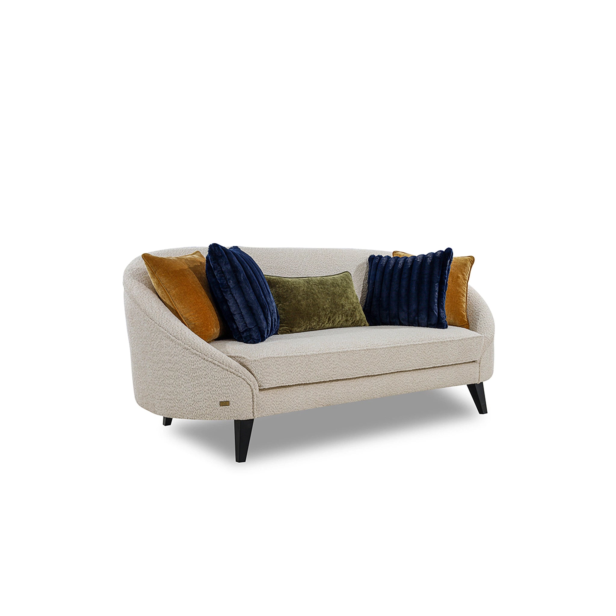 Beige sofa with colorful cushions on a white background